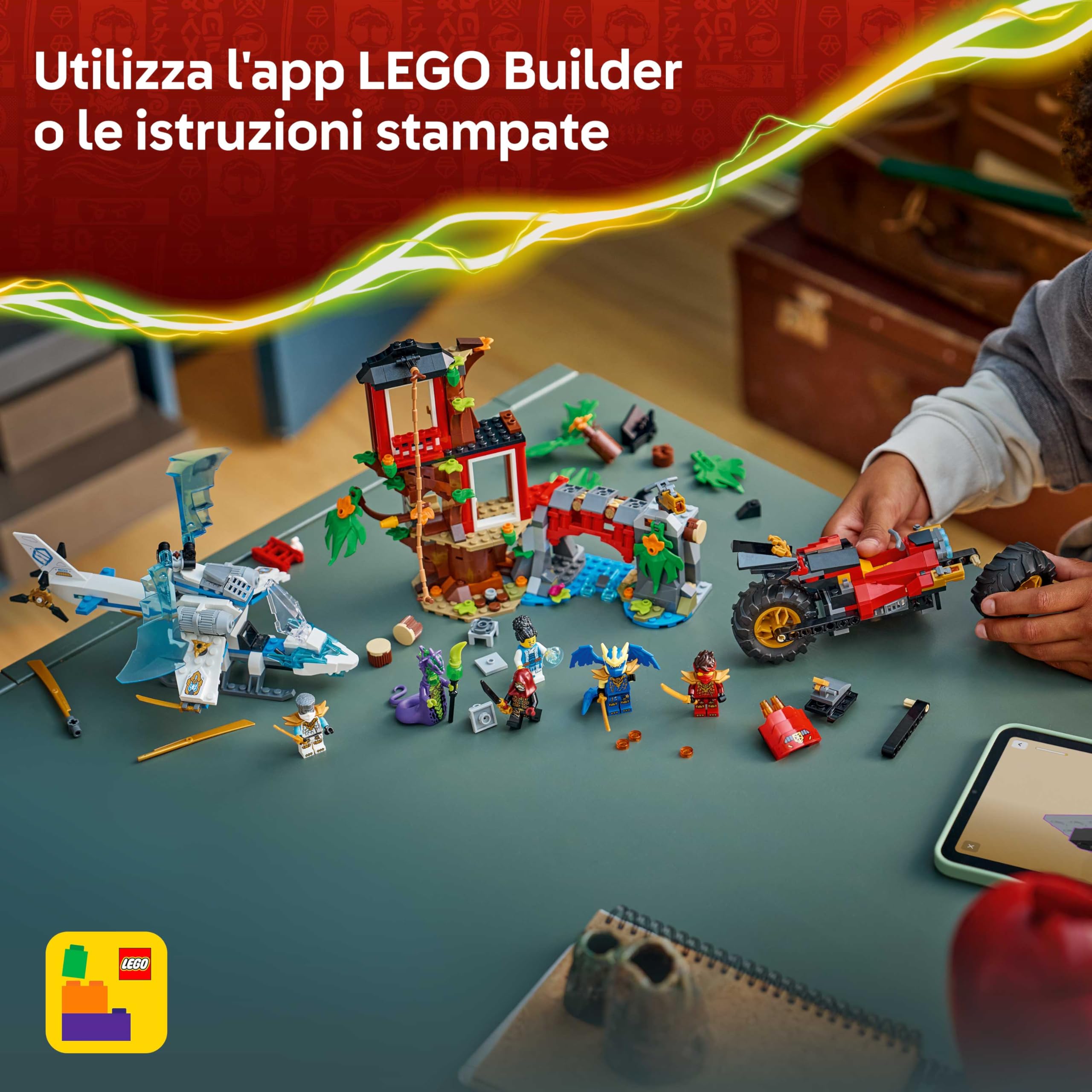 LEGO NINJAGO Battaglia alla Casa sull’Albero con Veicolo Ninja - Giocattolo d'Azione con Moto, Elicottero, 6 Minifigure e Spade - Idea Regalo per Bambini e Fan da 7 Anni in su - 71857
