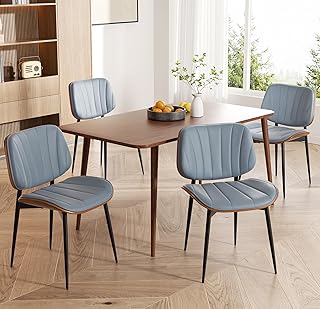 Dining Chairs Set of 4, Mid Century Modern Dining Room Chair, Upholstered Faux Leather Kitchen Chairs with Walnut Bentwood Back and Metal Legs for Kitchen Dining Room Living Room, Blue