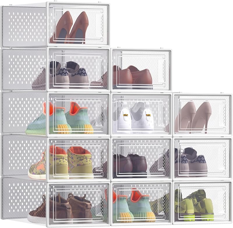 SONGMICS Scatole per Scarpe, Contenitori per Scarpe, Organizzatori Portascarpe Pieghevoli e Impilabili, Fino alla Taglia 43, Set di 12, Trasparente e Bianco Nuvola LSP066W12