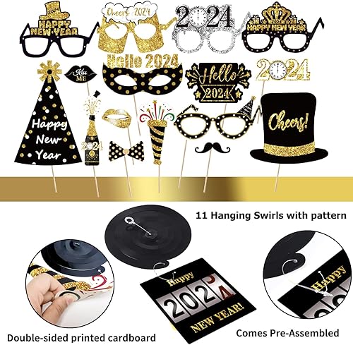 Miniatura 6 de MOVINPE Suministros para fiesta de Nochevieja 2024 Serve 20  Kit de decoración de feliz año nuevo, bandera, sombreros de cono tiaras de papel de