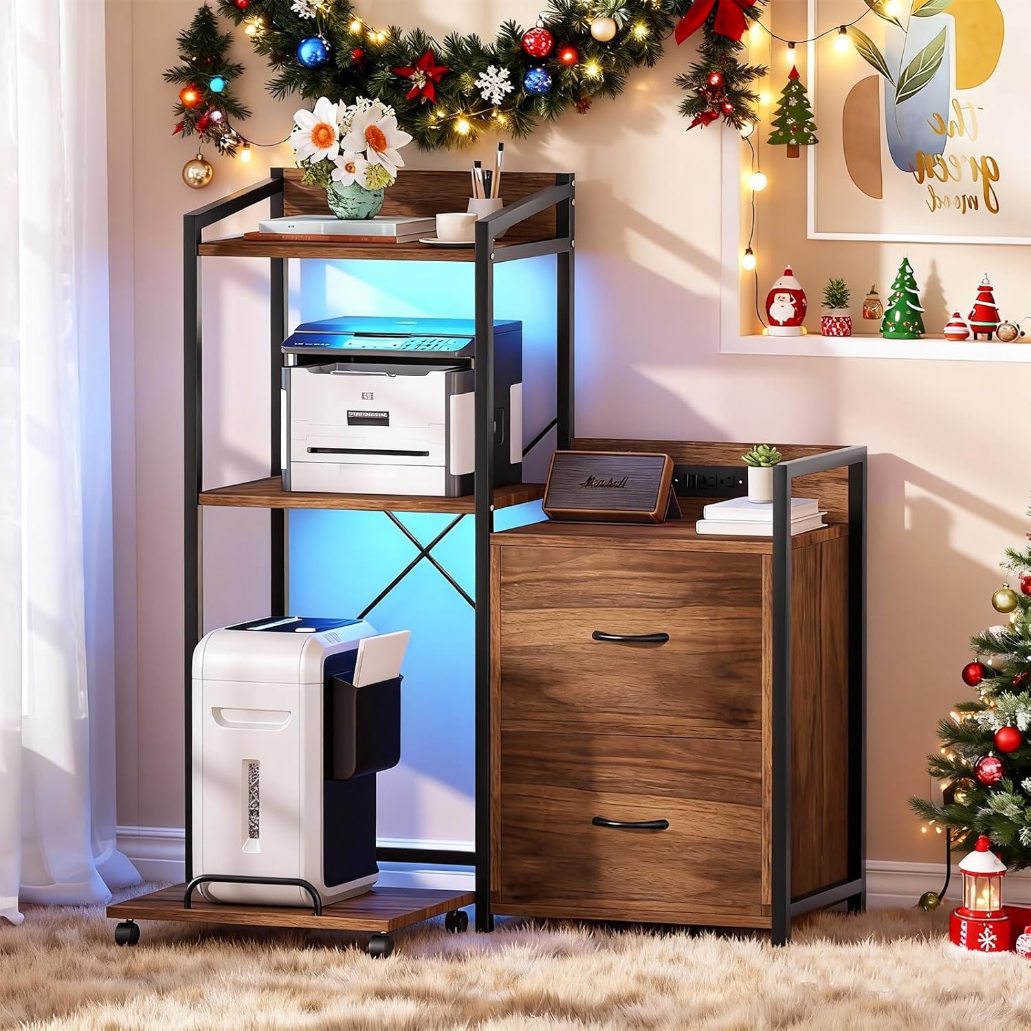 GarveeLife File Cabinet Furniture, Filing Cabinet with 2 Drawers, Rolling Printer Stand with Open Storage Shelves for Home Office, Printer Stand with Power Strip & LED Lights, 49.2" h, Rustic Brown