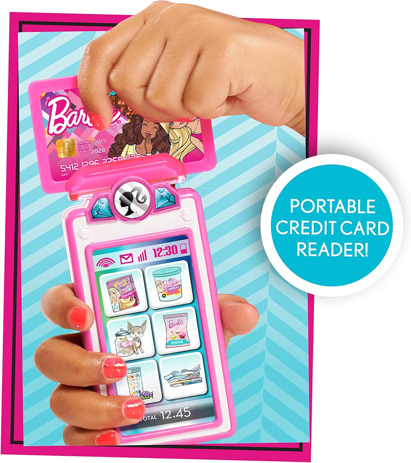 Close-up of a hand inserting a Barbie play credit card into the portable credit card reader accessory.