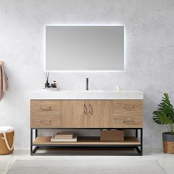 Vinnova Alistair 60BS Single Sink Bath Vanity in North American Oak Finish, Pre-Assembled, with with White Grain Stone Countertop