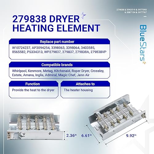 Miniatura 3 de [2025 actualizado] 279838 WED4815EW1 Elemento calefactor para secadora de hidromasaje WED6200SW1 WED5000DW2 WED5300VW0 WED4800BQ1 Maytag MEDC215EW1