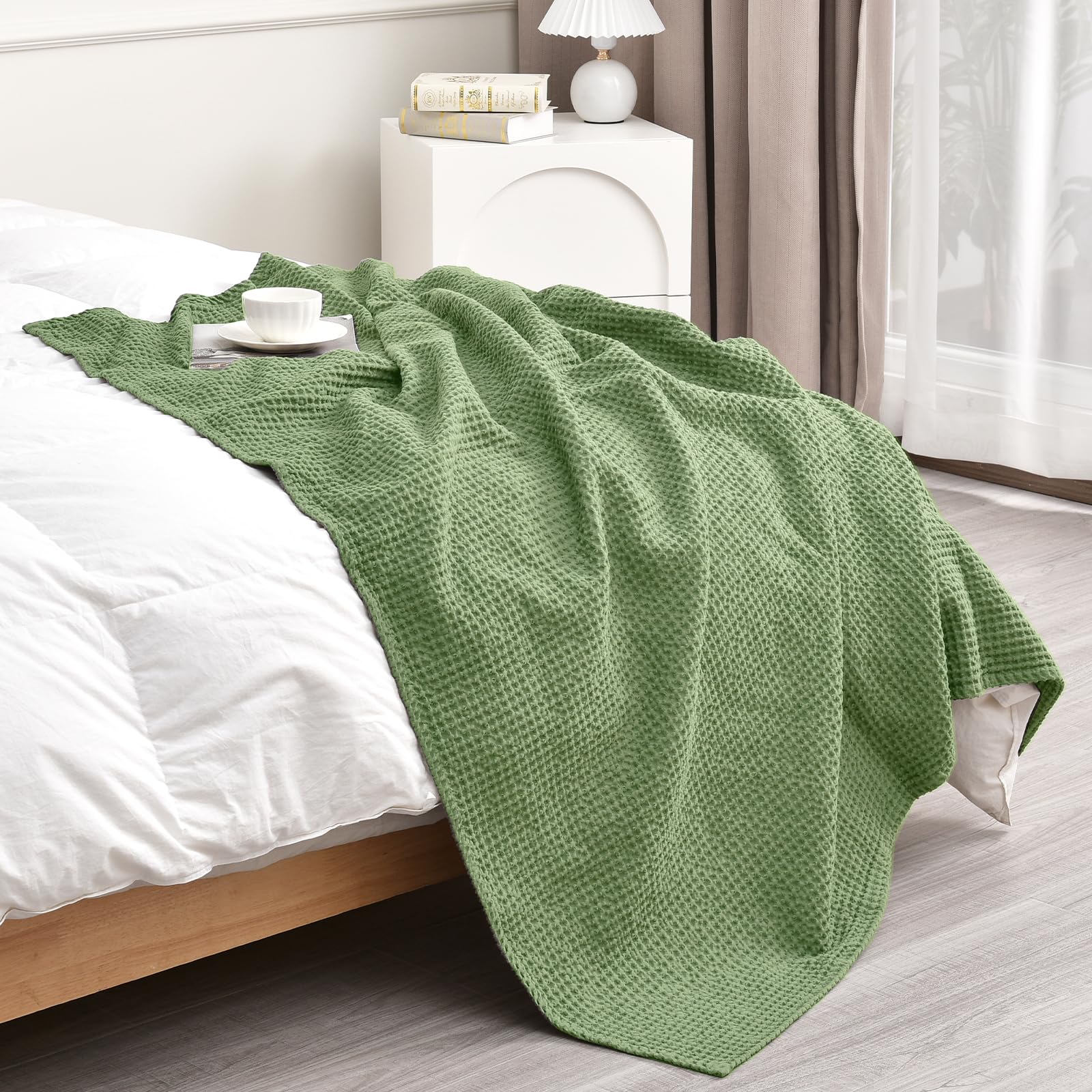 PHF 100% Cotton Waffle Weave Throw Blanket 50"x60"-Lightweight Washed Soft Breathable Blanket for Adults and Kids - Perfect Blanket Layer for Couch Bed Sofa - Green