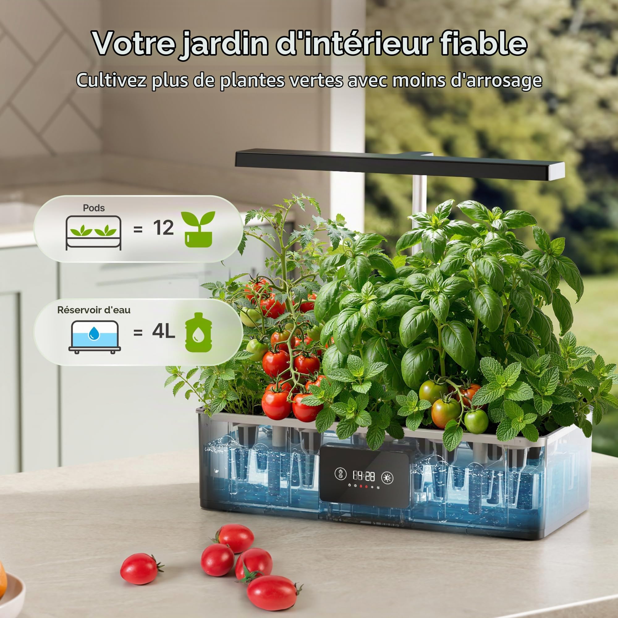 SUNCOZE Potager Hydroponique avec 12 Paniers Smart, Noir | Jardin d'Intérieur 4L avec Lampe LED 24W, Kit Hydroponique avec Minuterie et Réglage de l'Heure, pour Maison et Cuisine