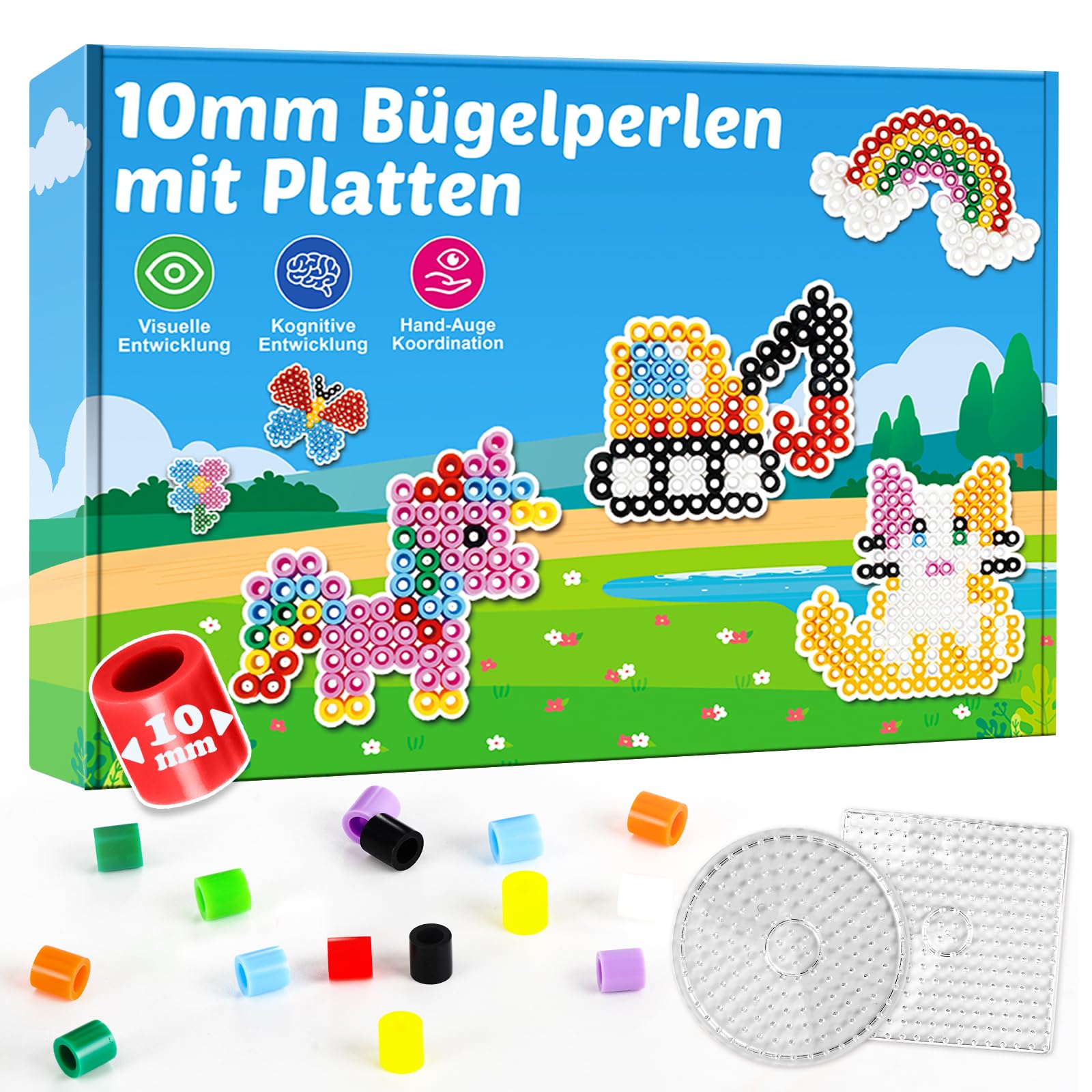 Bügelperlen Set Groß 10mm - Komplettset mit 2 Bügelplatten, Vorlagen für Kinder ab 3 Jahre - Extra Große Perlen für Kleinkinder