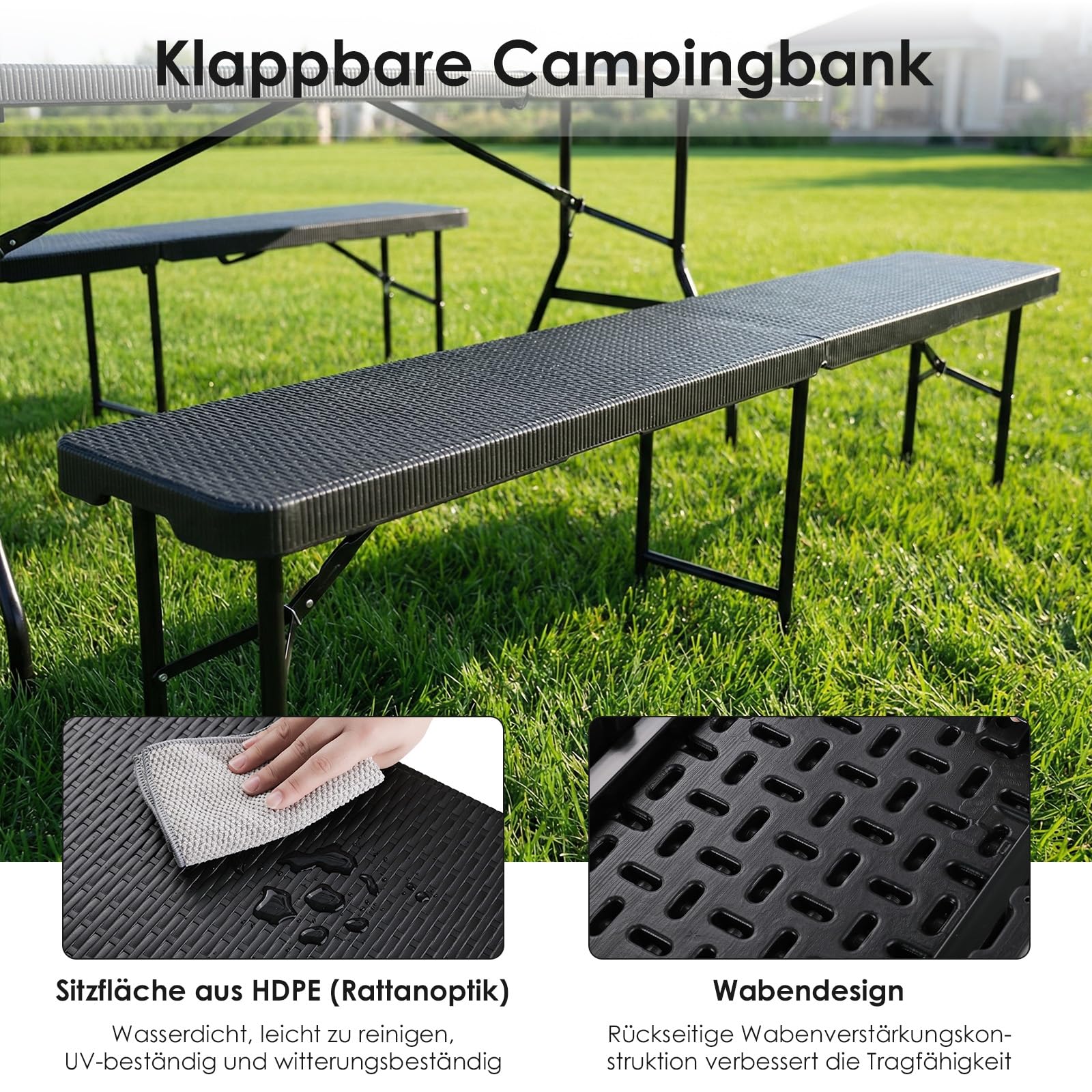 LIFERUN 2 pcs Bierbank Klappbar, Klappbank Garten, Faltbank Camping | 183cm Faltbare Campingbank, Bierzeltbank mit Tragegriff, Gartenbank Partybank aus HDPE Kunststoff & Stahlgestell,Rattan-Optik
