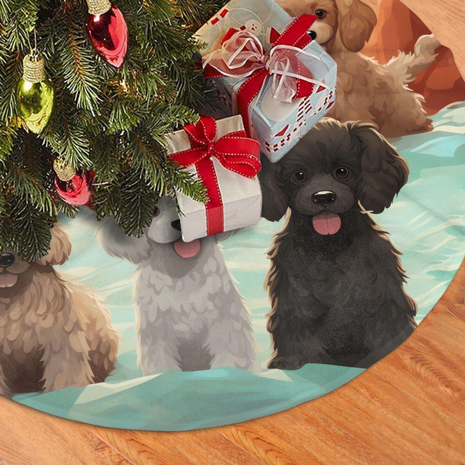 Fodpand Black Poodles Dogs Christmas Tree Skirt 36" Velvet Xmas Tree Skirt Mat Rustic Christmas Tree Mat Cover Winter Xmas Tree Collar For Indoor Outdoor Christmas Decorations