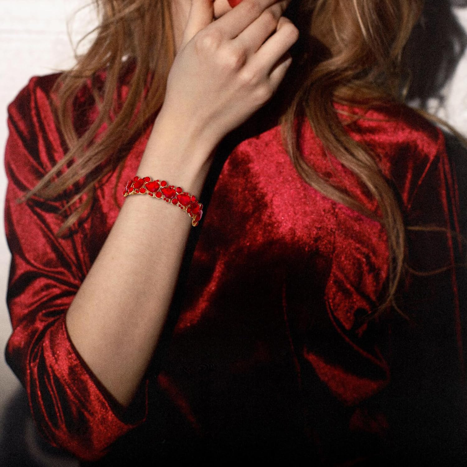 Flyonce Women's Austrian Crystal Wedding Bridal Floral Tear Drop Elastic Stretch Bracelet - Image 3