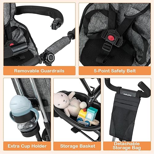 Miniatura 8 de BABY JOY Triciclo, bicicleta 4 en 1 para niños pequeños con toldo extraíble, asa de empuje ajustable, asiento reversible, cinturón de seguridad,
