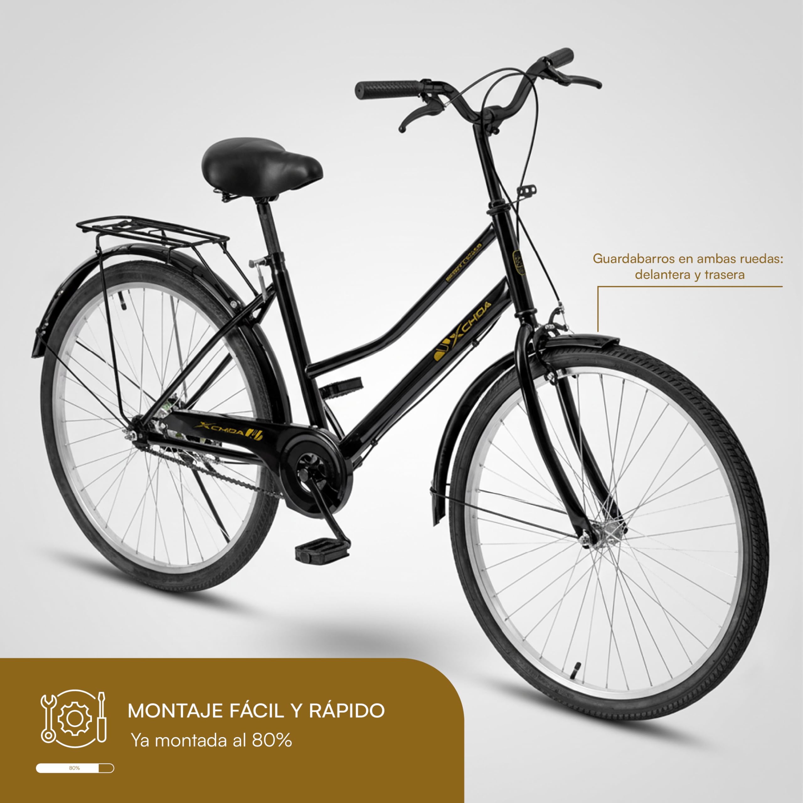 Baroni Home Bicicleta de paseo, manillar y sillín ajustables, bicicleta con doble freno delantero y trasero, bicicleta de ciudad, color negro, 168 x 110 cm