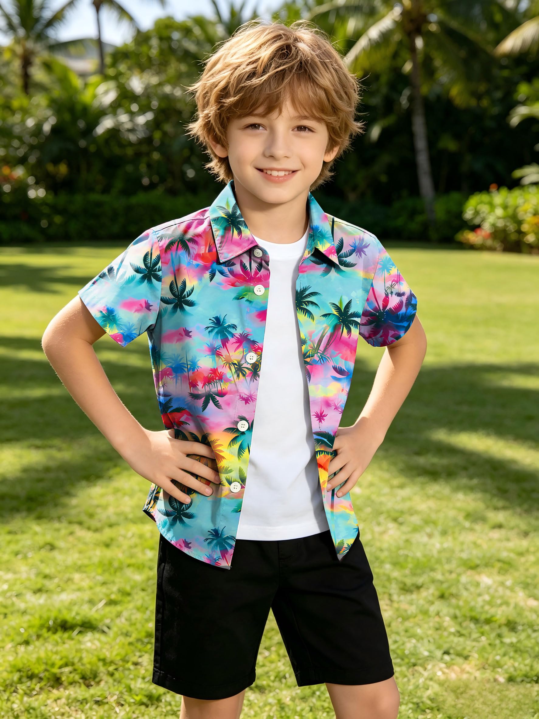 tiorhooe Camicia hawaiana per bambini, con bottoni, per estate, spiaggia, vacanze, maglietta a maniche corte, 5-14 anni