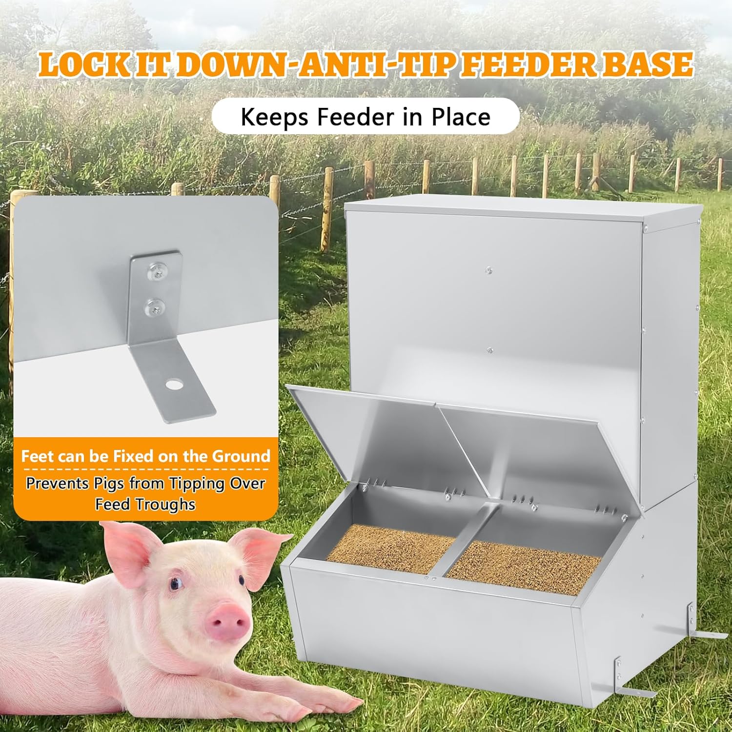 Hog Feeder,3 Bushel Double Door Automatic Pig Feeder,Heavy Duty Galvanized Steel Pig Trough,Multipurpose Livestock Trough for Supplemental Feeding