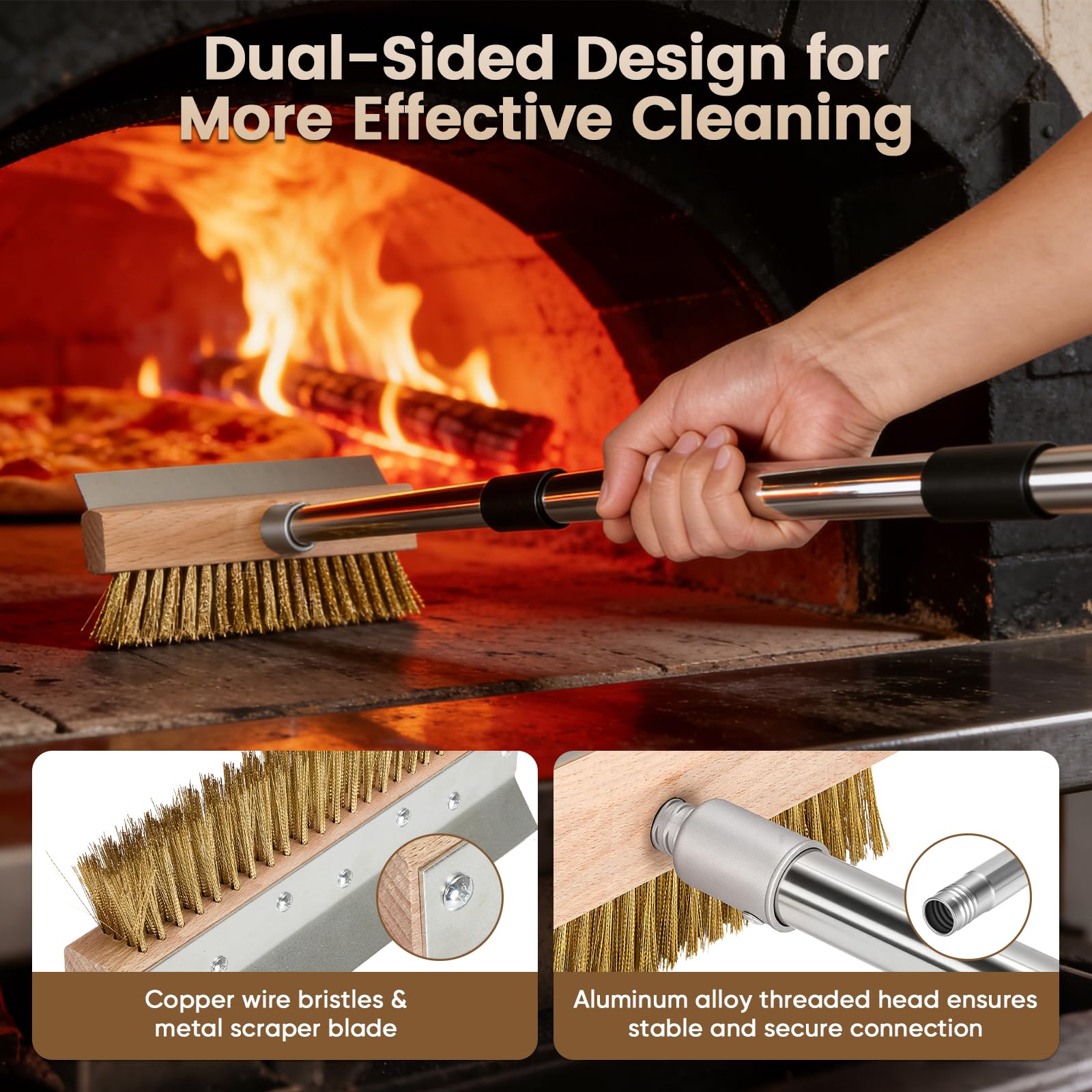 Spazzola forno pizza 2 in 1 con raschietto, manico regolabile 145 cm | spazzola per forno pizza in ottone da 25,5 cm per forno pizza a legna, barbecue, cucina, esterno e ristorazione