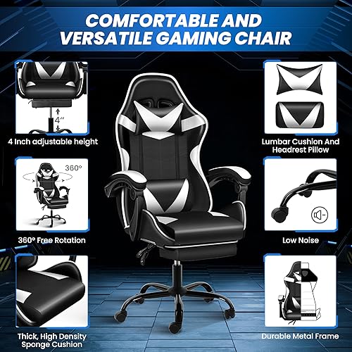 Miniatura 6 de YSSOA Silla para videojuegos, silla de computadora con reposapiés, altura ajustable y función de inclinación de 90 a 135, silla reclinable giratoria