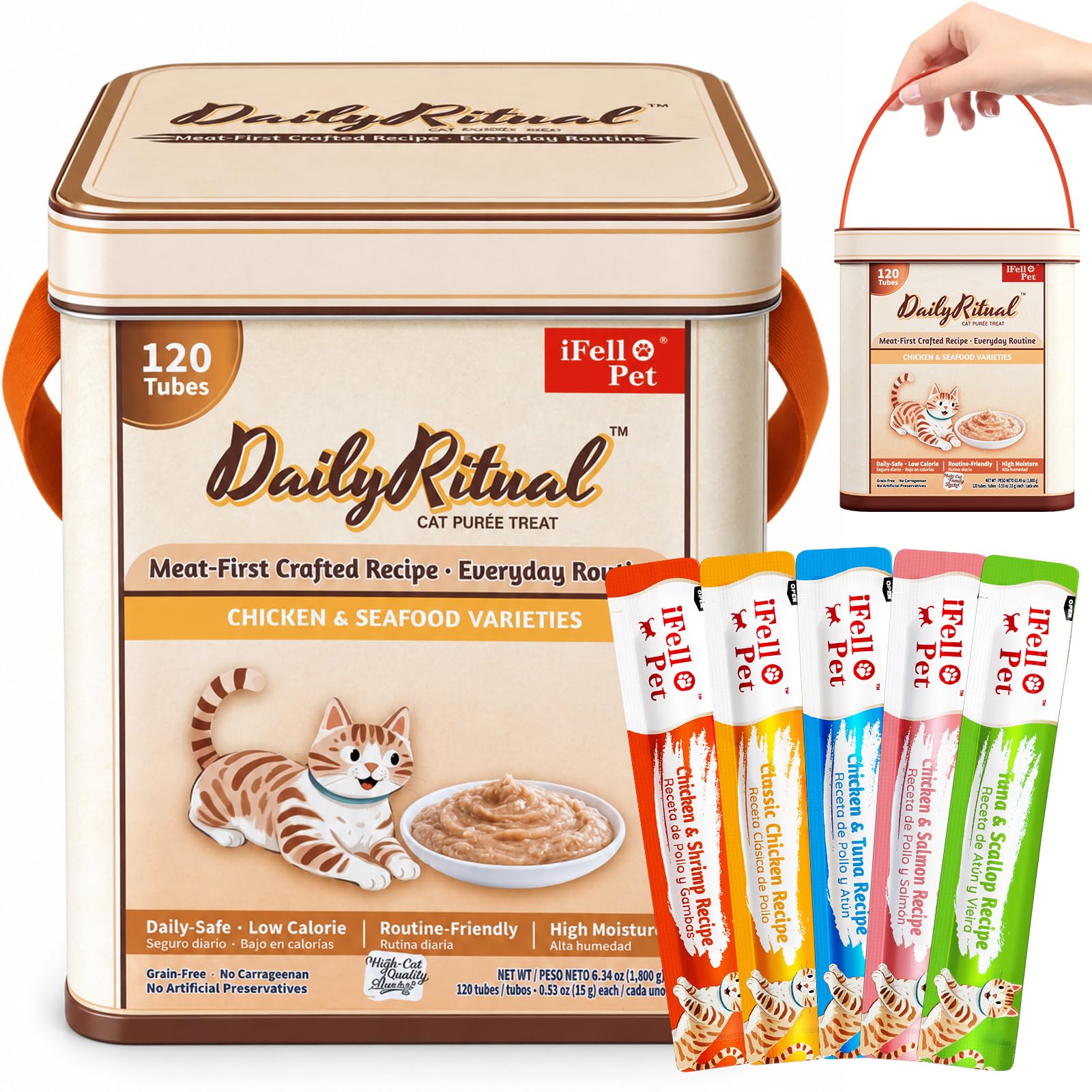 High-Meat Lickable Cat Treats 120 Count,Squeezable Creamy Purée with Vitamin E, 0.53 Ounces per Tube,Chicken &amp; Seafood Variety