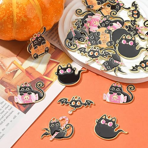 Miniatura 3 de LiQunSweet 25 dijes de 5 estilos de esmalte con temática de Halloween para mascotas, gato negro con caramelo, murciélago, fantasma, calabaza, dijes