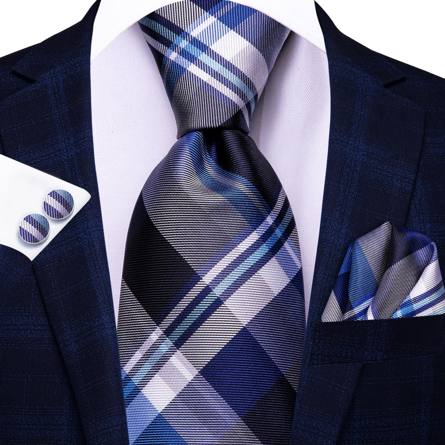 Hi-Tie Mens Plaid Ties Classic Paisley Necktie with Handkerchief Cufflinks Set Business Stripe Tie - Image 3