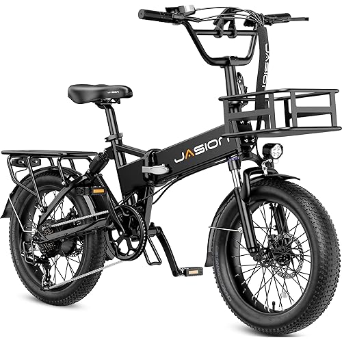 Jasion EB7 2.0 Adult Electric Bicycles, 28MPH Folding Electric Bike,1200W Peak Motor, 480WH Battery 55Miles Commute Ebikes for Adults,Shock Absorber,20" Fat Tire for City,Beach,Snow,Mountain