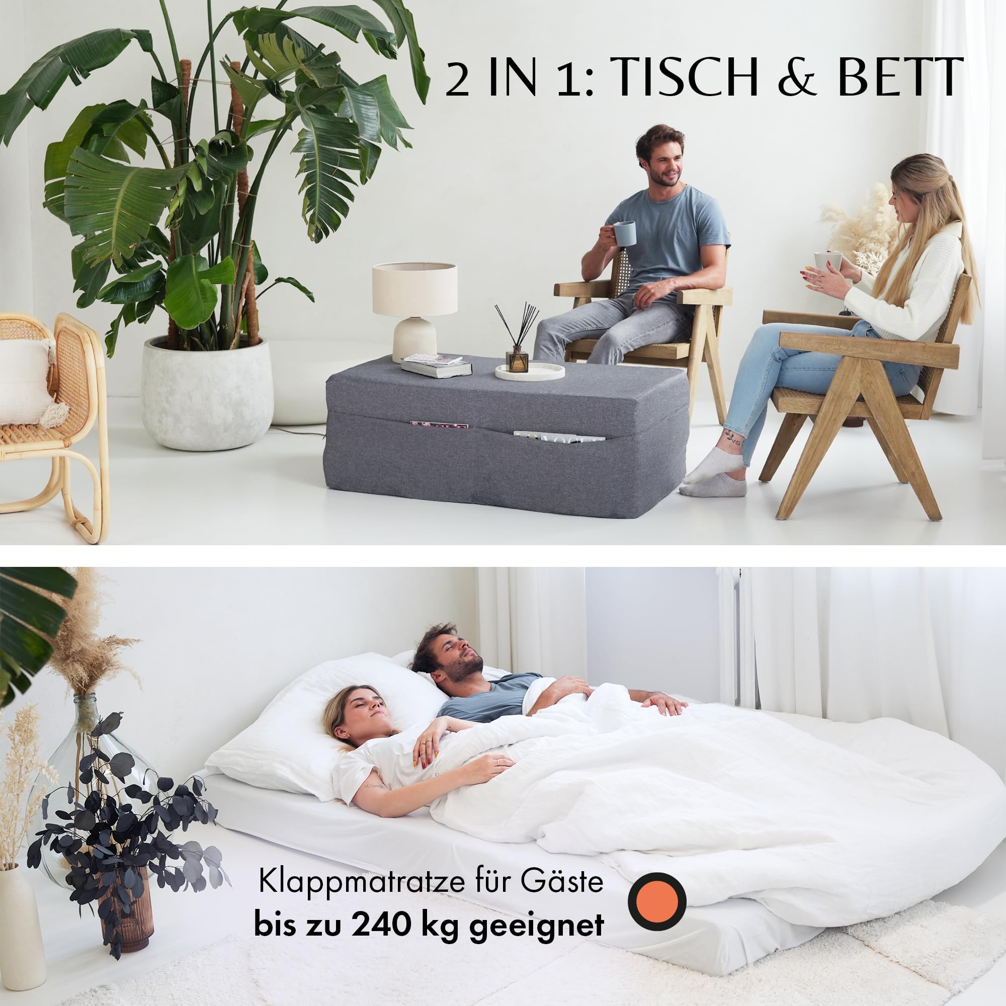 Klappmatratze 120x195 cm, 14 cm dick – bequeme Gästematratze, faltbar | Bequeme Klappmatratze & Gästebett · 14 cm dick, liegt nicht durch · faltbar, auch als Sitzhocker · Bezug waschbar · OEKO-TEX