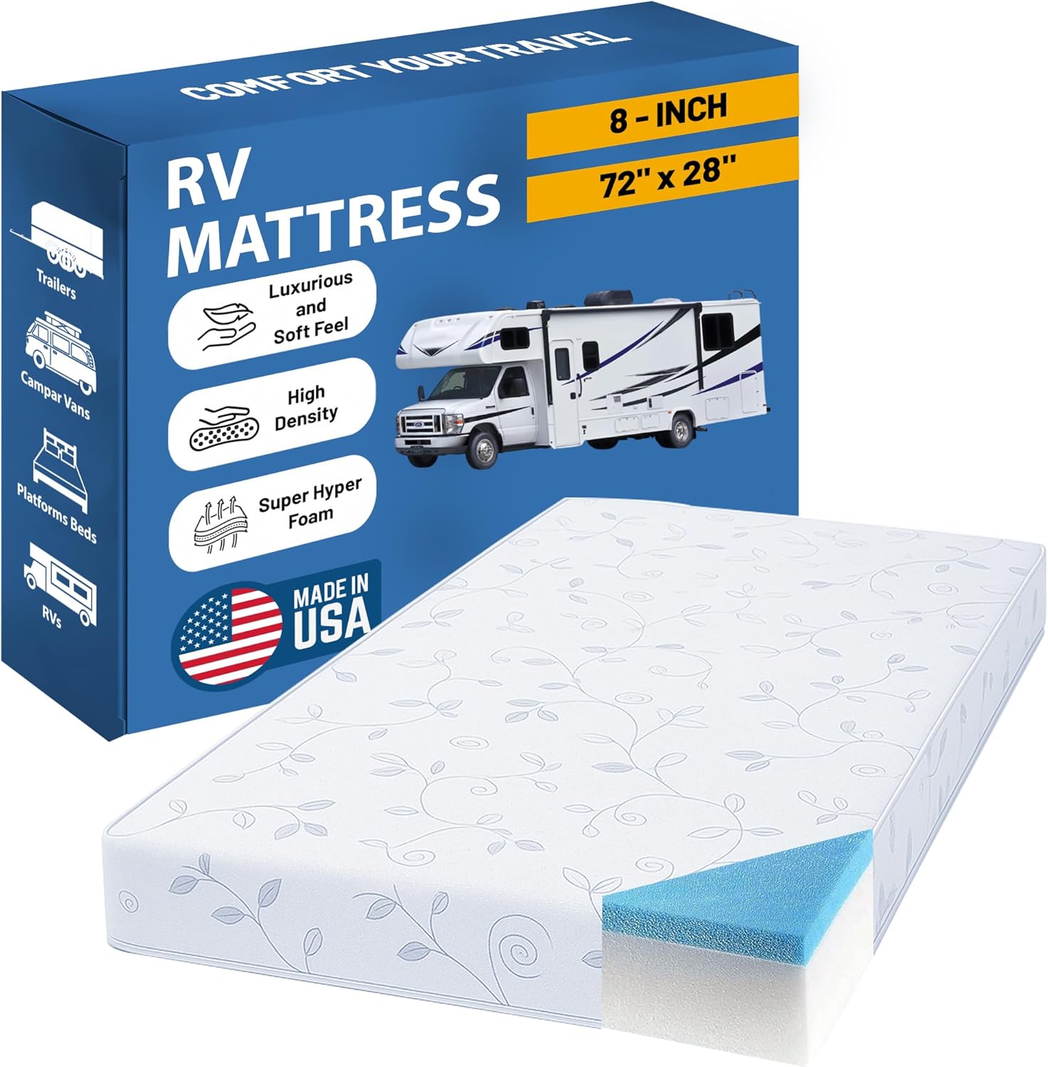 Greaton, 8-Inch High-Density Cooling Gel Memory Foam RV Mattress Replacement, Medium Firm, Good for Trailers, Camper Vans, Sofa Bed and Other Furniture Application, 72" x 28", White
