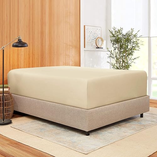 Miniatura 1 de Sábana bajera de tamaño individual color marfil, 800 hilos, 100% algodón, bolsillos profundos de 15 pulgadas, larga, tejido de satén de puro algodón