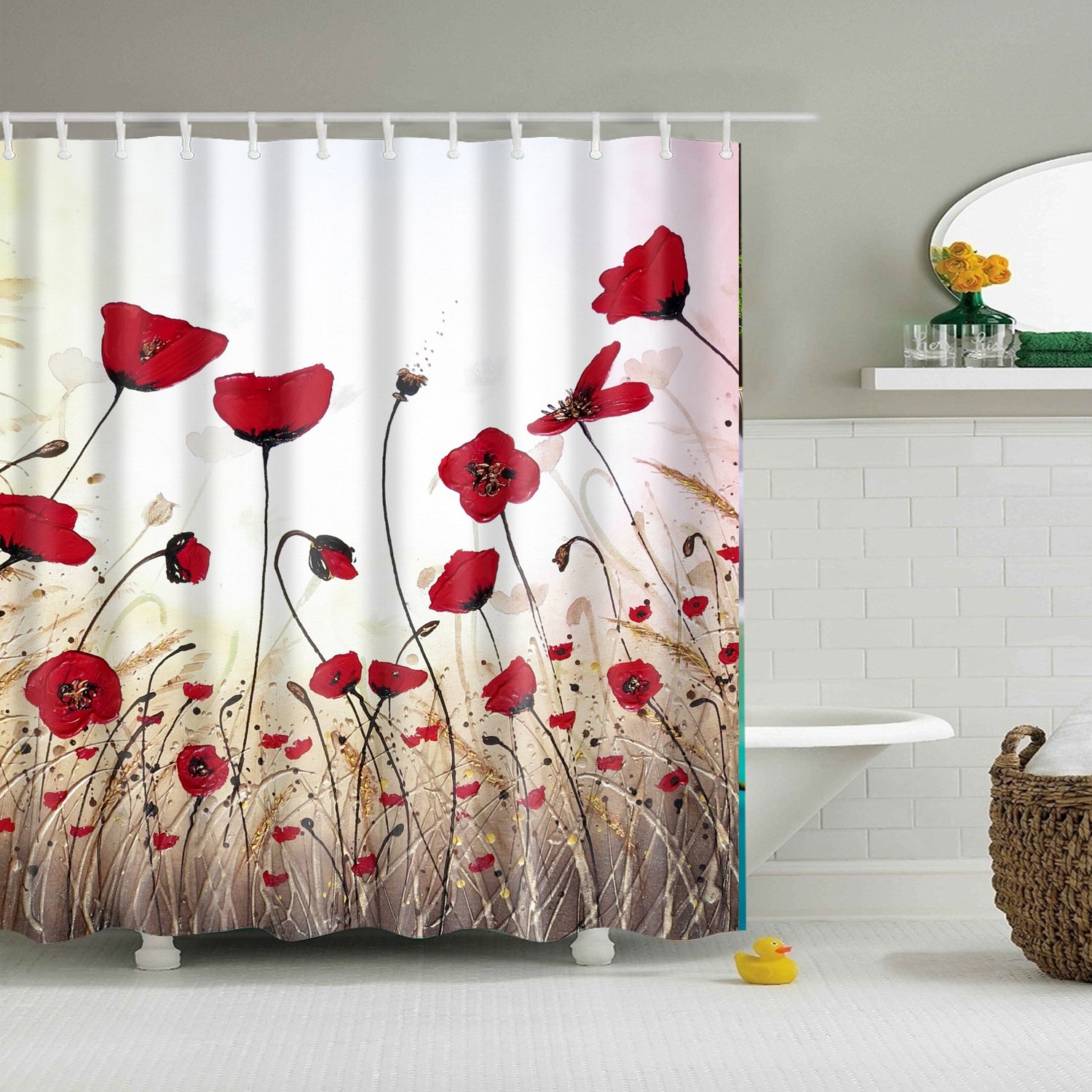 StoneMaxi 180x180cm Bathroom Shower Curtain, 100% Polyester Fabric Waterproof Anti-Mould Proof Mildew Resistant, Washable, Quick-Drying, with 12 Pcs Hooks (72 x 72 Inch) (Poppy Flower)