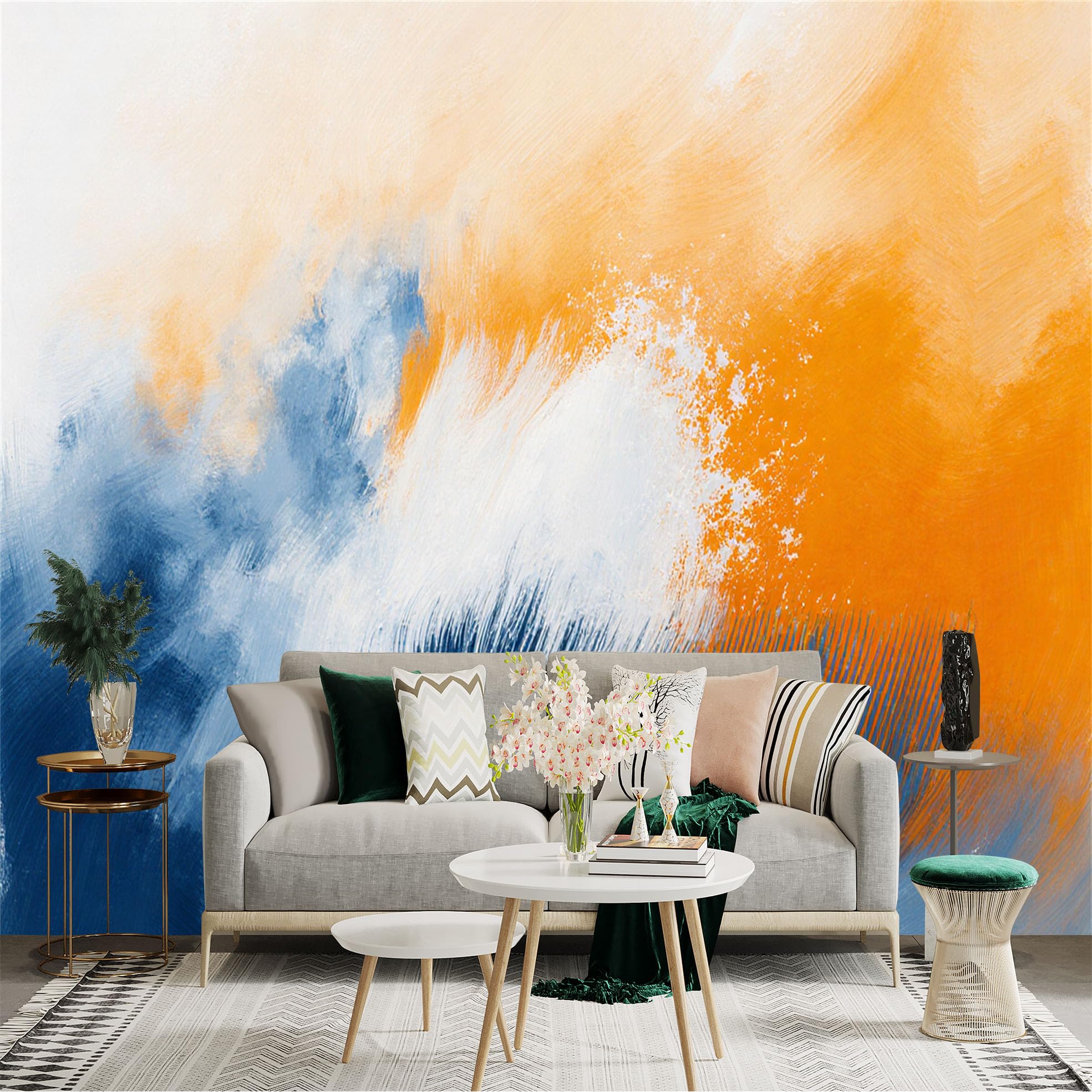Custom Size Wall Sticker Mural， Abstract Ocean Waves， Modern Brushstrokes， Blue and Gold Oil Painting， Artistic Home Decor， for wall Decoration， peelandstick wall Decals.