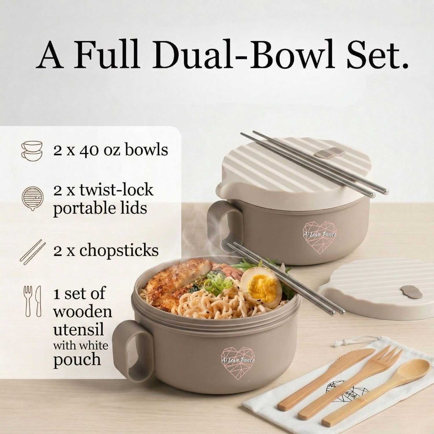 AI LOVE PEACE Ramen Bowl Set of 2, 40 oz Microwaveable Ramen Noodle Bowl Cooker with Lids, Soup Bowls for Pho, Pasta, Rice, Oatmeal, Home Office Dorm (2x Beige)