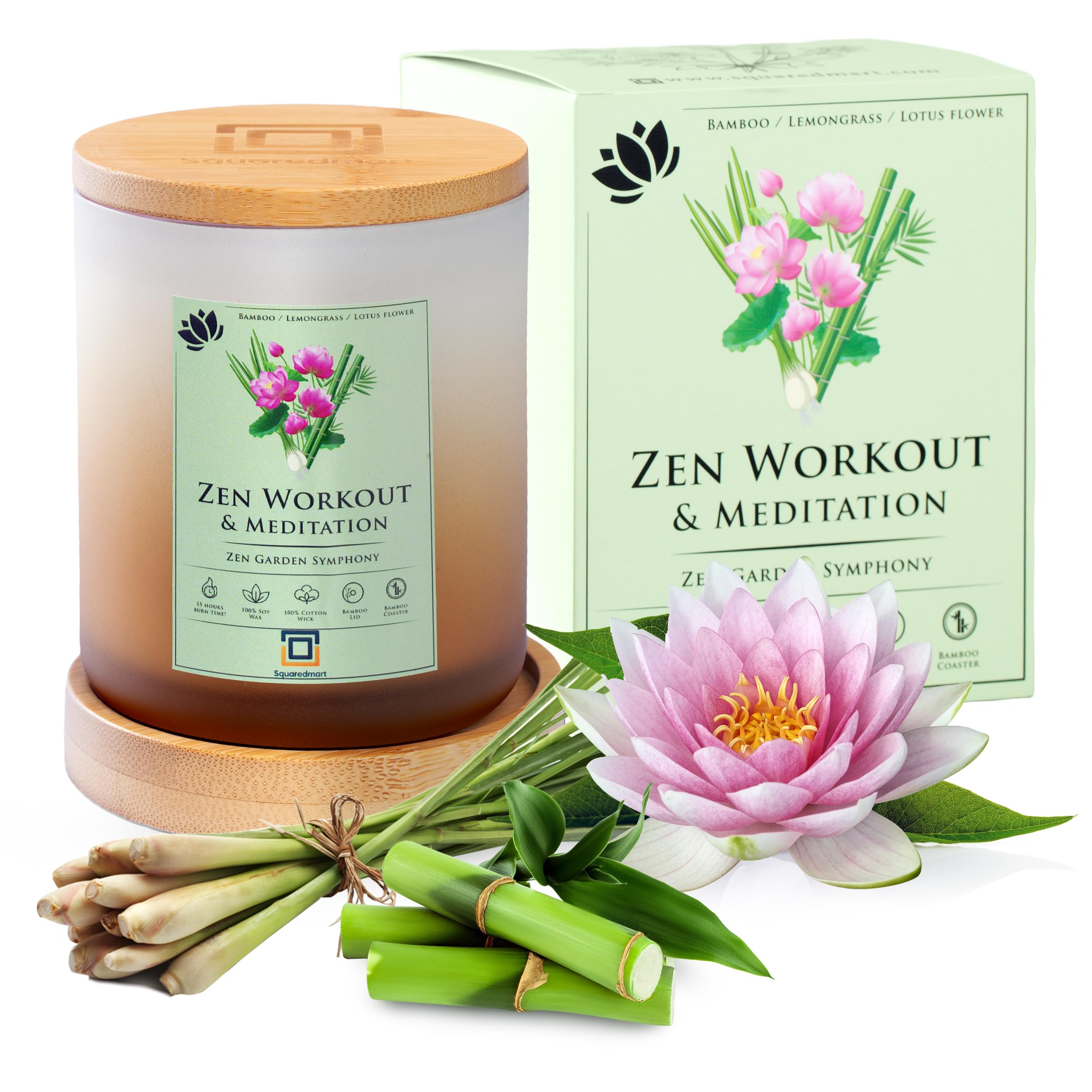 Natural Soy Scented Candle - Zen Workout & Meditation, Bamboo, Lemongrass & Lotus Flowers, 55 Hour Burn, 100% Cotton Wick, Eco-Friendly Bamboo Coaster & Lid, Yoga & Exercise, Sandy Bliss