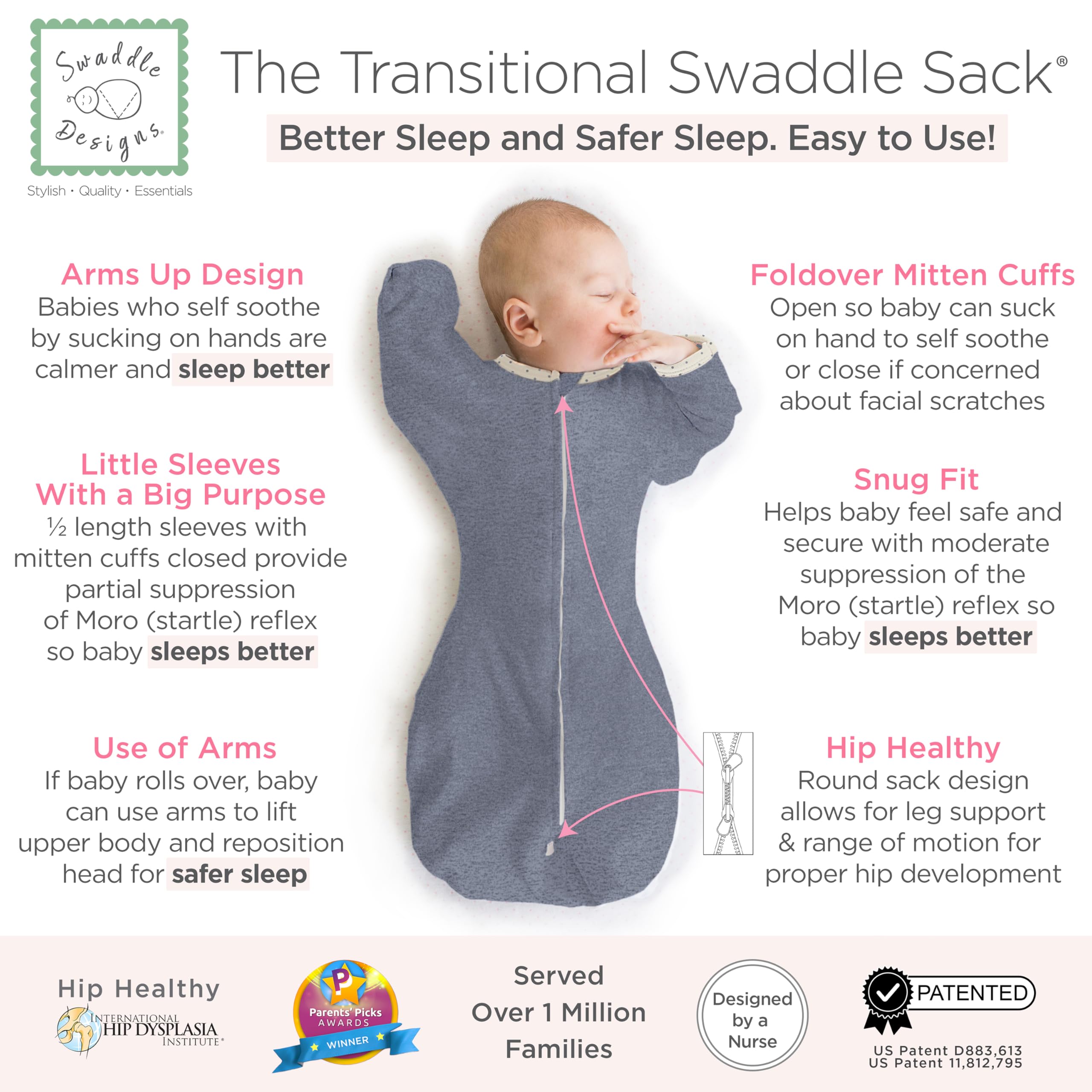 SwaddleDesigns Przejściowa kieszeń z ramionami do półdługich rękawów i mankietami z rękawiczek, wrzosowy dżins w kropki, mały, 0-3 MB, 6-15 funtów (lepszy sen, przejście