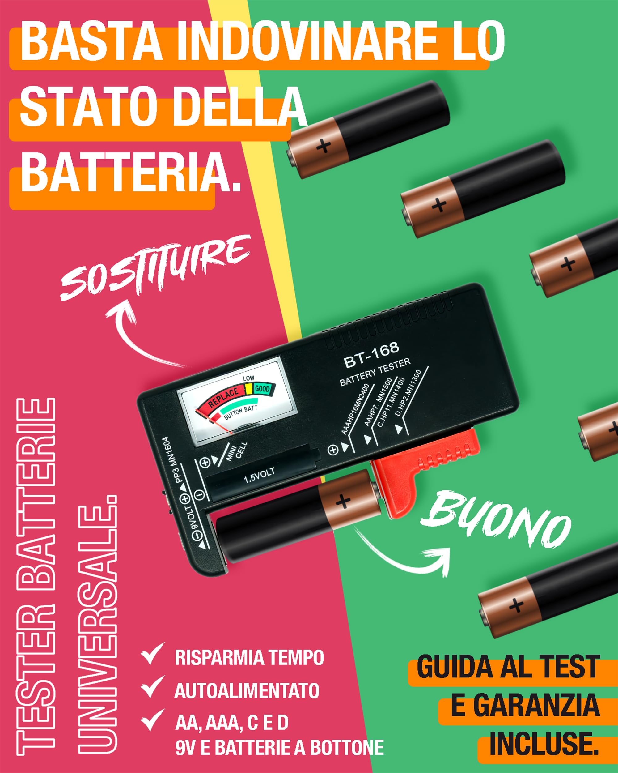 Organizer Batterie con Tester e Cacciavite – Custodia Compatta per AAA, AA, C, D, 9V