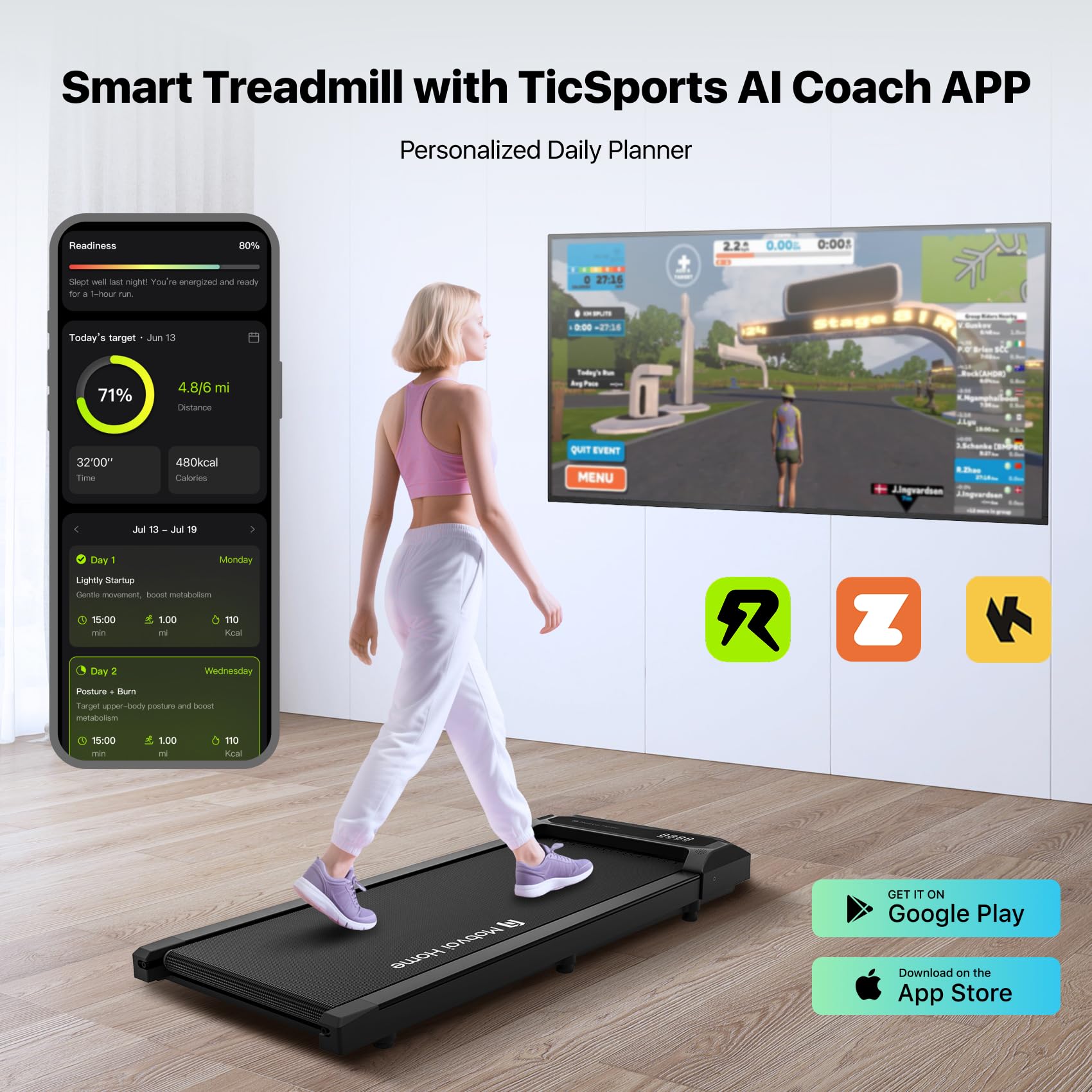 Mobvoi Walking Pad Tapis Roulant Intelligenza AI sotto la scrivania Portatile 2 in 1 per casa e ufficio Camminata Jogging Macchina da corsa, APP TicSports, telecomando Facile da riporre 6 km/h 120 kg