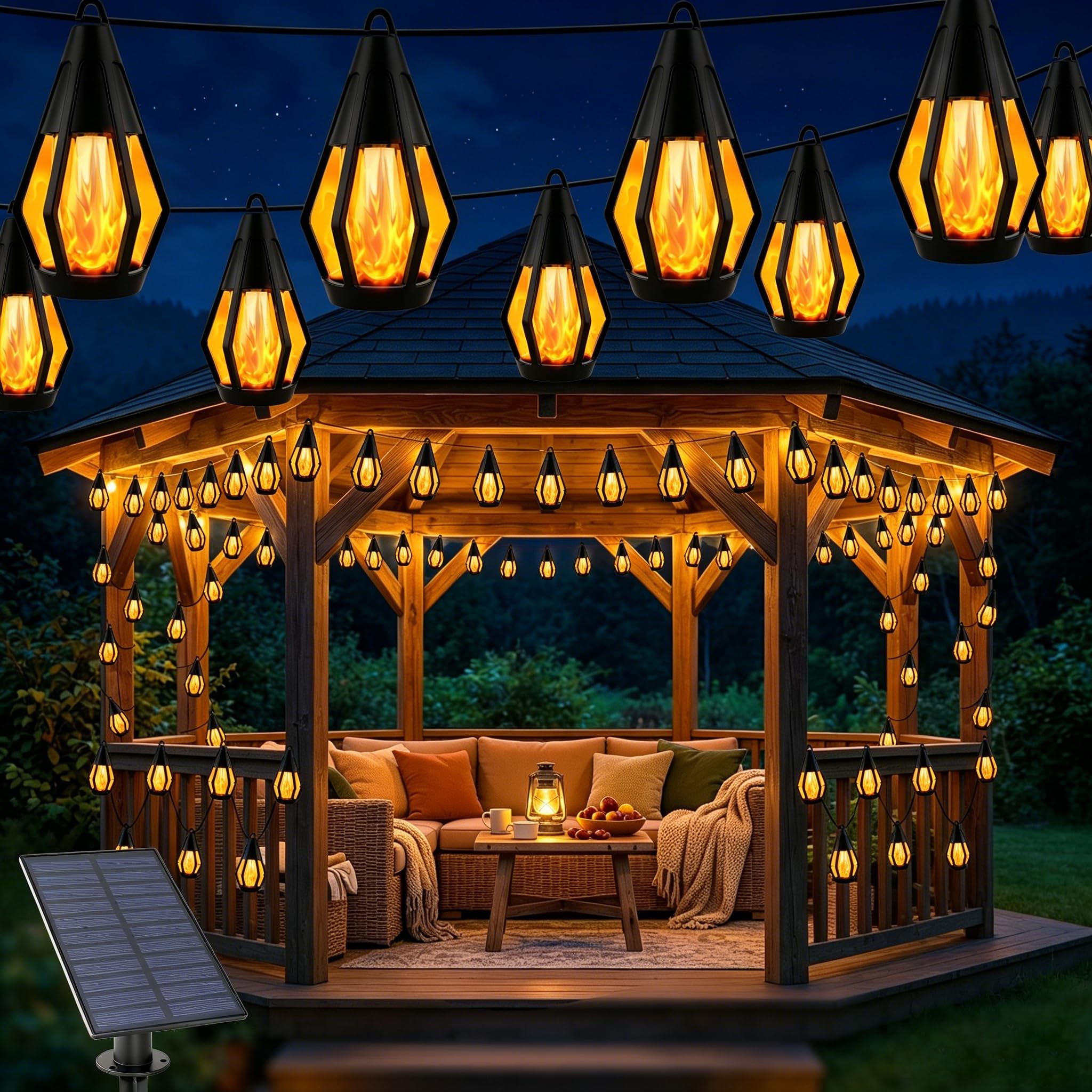 Vivideal Solar-Lichterkette für den Außenbereich, wasserdicht, 15 m, Solar-Terrassenlichter mit 15 flackernden Flammen, solarbetriebene Lichterkette für den Außenbereich, Garten, Hinterhof, Pavillon
