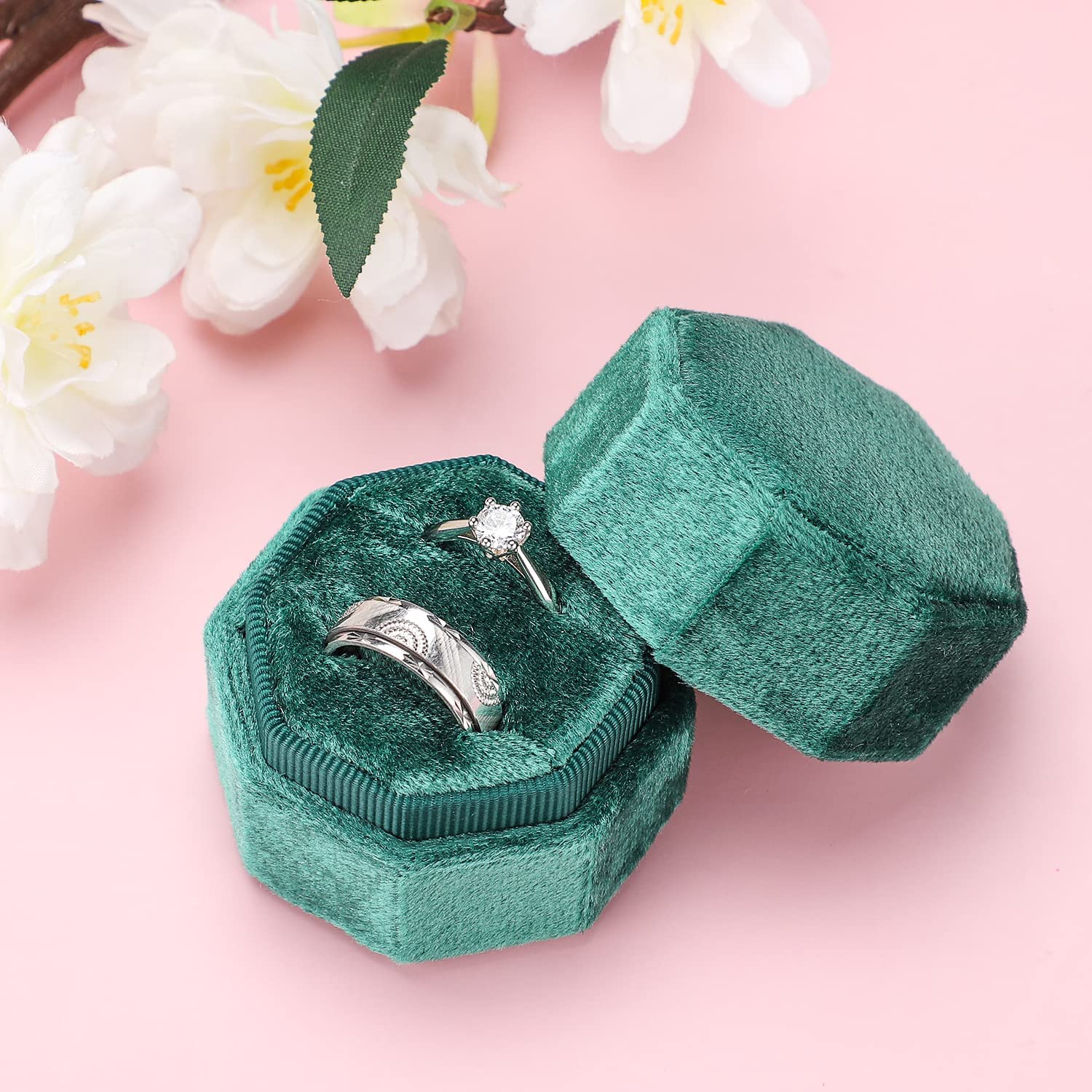 Sweet sevenSweet seven Hexagon Velvet Ring Box , Premium Gorgeous Vintage Double Ring Display, Gift Box with Detachable Lid for Proposal, Engagement, Wedding, Ceremony (Dark Green)