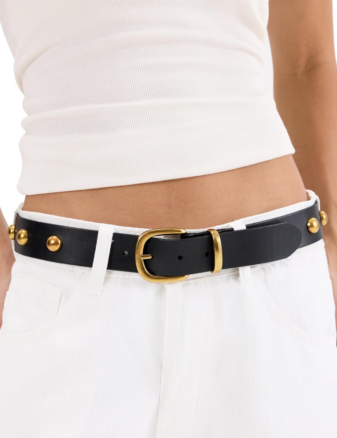 Womens Full Grain Leather Belts 1.3" Studded Belt for Jeans Pants