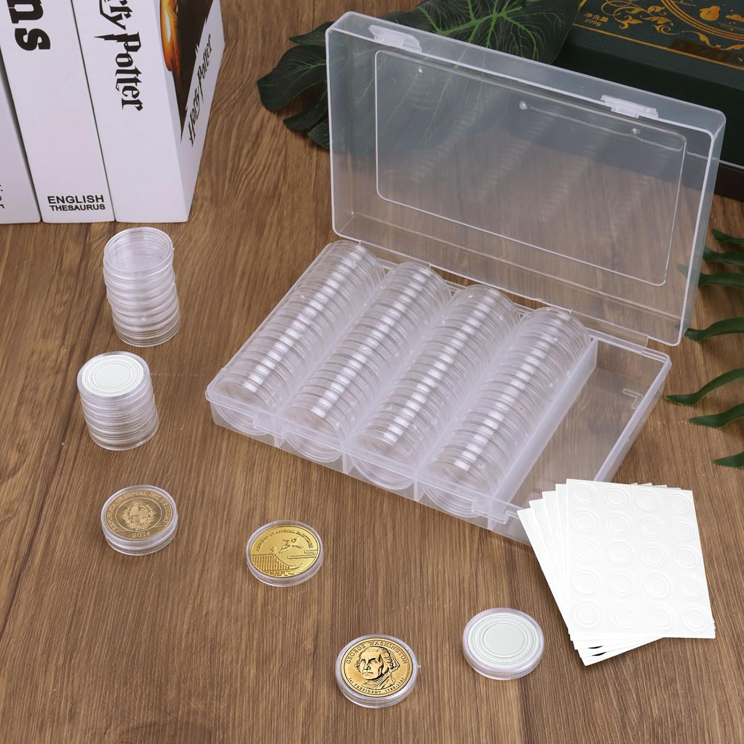 300PCS Coin Capsules Holder (17/20/25/27/30mm) Silver Dollar Coin Holder Clear Plastic Coin Storage Box with Protect Gasket, Round Coin Storage Case for Coin Collection Supplies with Foam Gasket