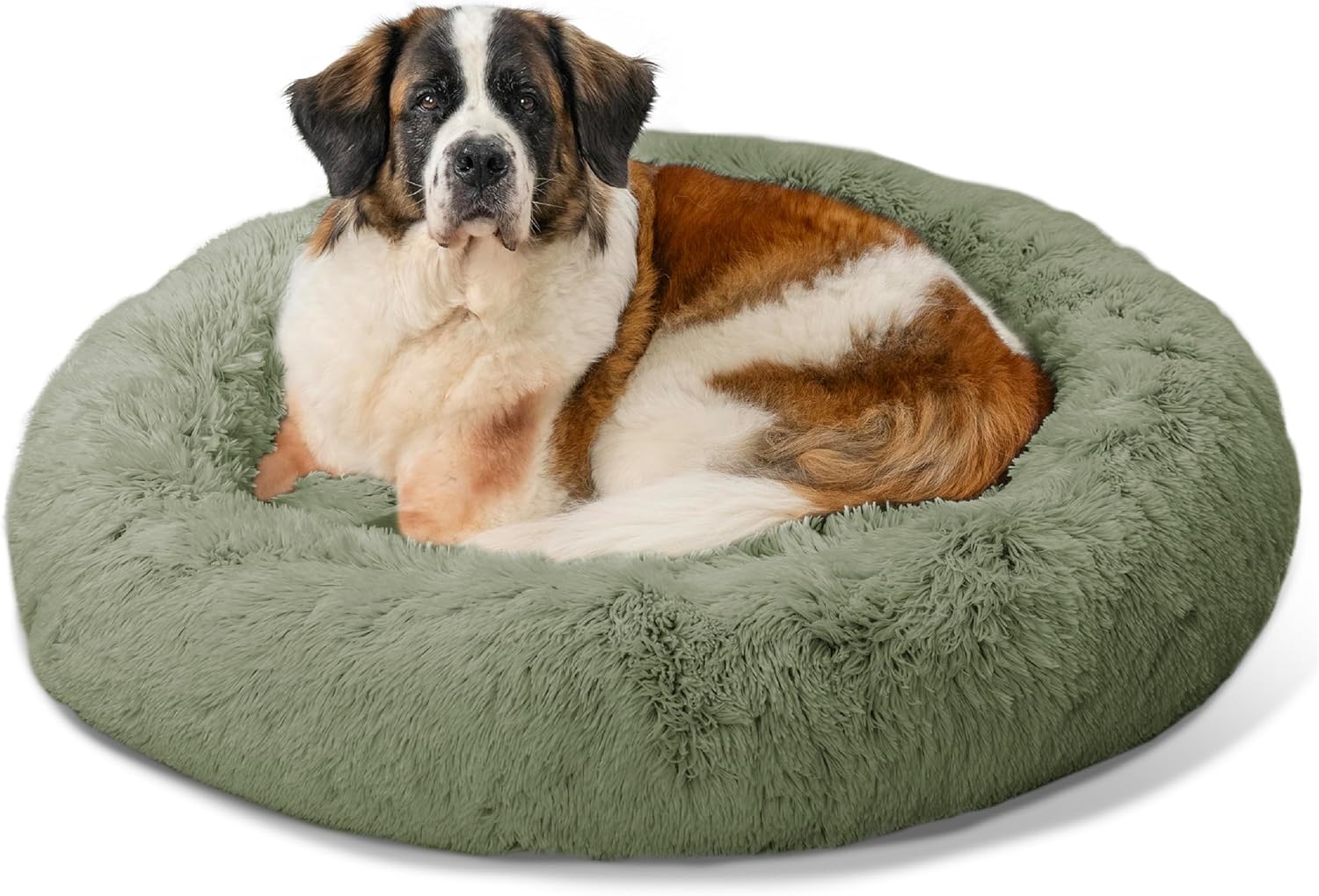 Best Friends by Sheri Original Calming Donut Dog and Cat Bed, Shag Faux Fur, Sage Green, XL (45in x 45in) - Anxiety Relief for Pets Up to 150 lbs X-Large Sage Shag