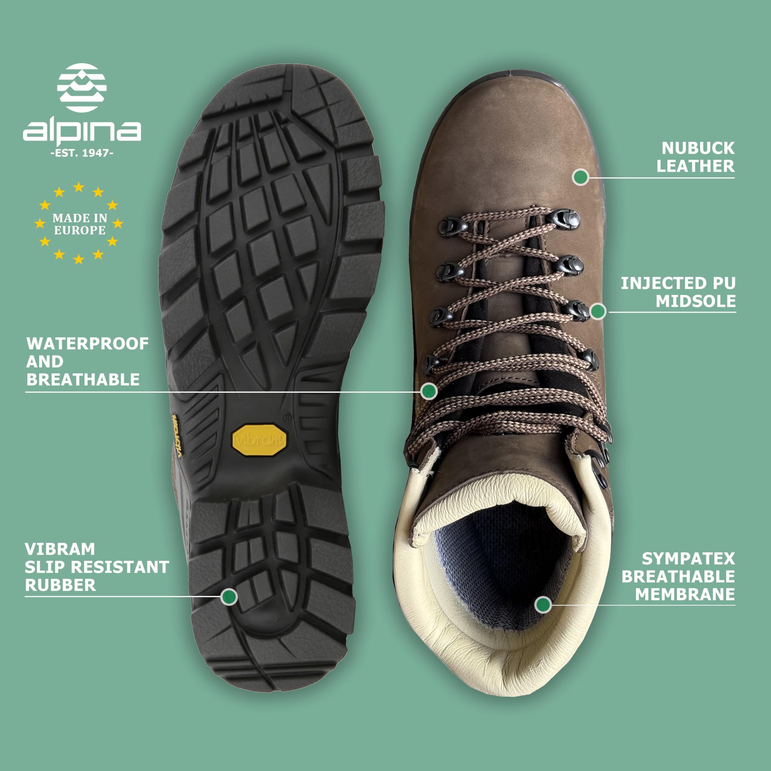 Alpina TIBET Men's Mountaineering Boots Waterproof Leather Vibram Breathable Sympatex Membrane Hiking Backpacking Trekking Danner Hand Made in Europe EU 44.5