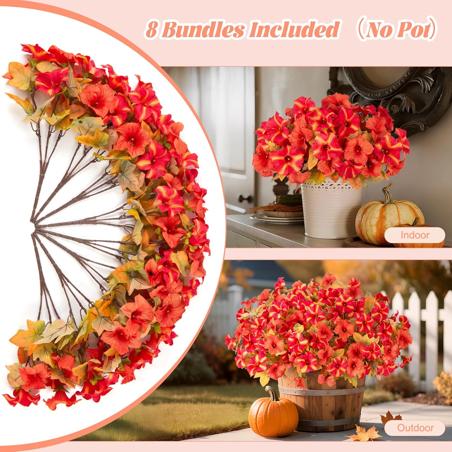8 Bundles Fake Fall Flowers Artificial Plants for Outdoor Decorations, Faux Fall Petunias Flowers for Outside UV Resistant Realistic Planters for Garden Porch Patio Indoor Autumn Decor(Orange Red) - Image 7