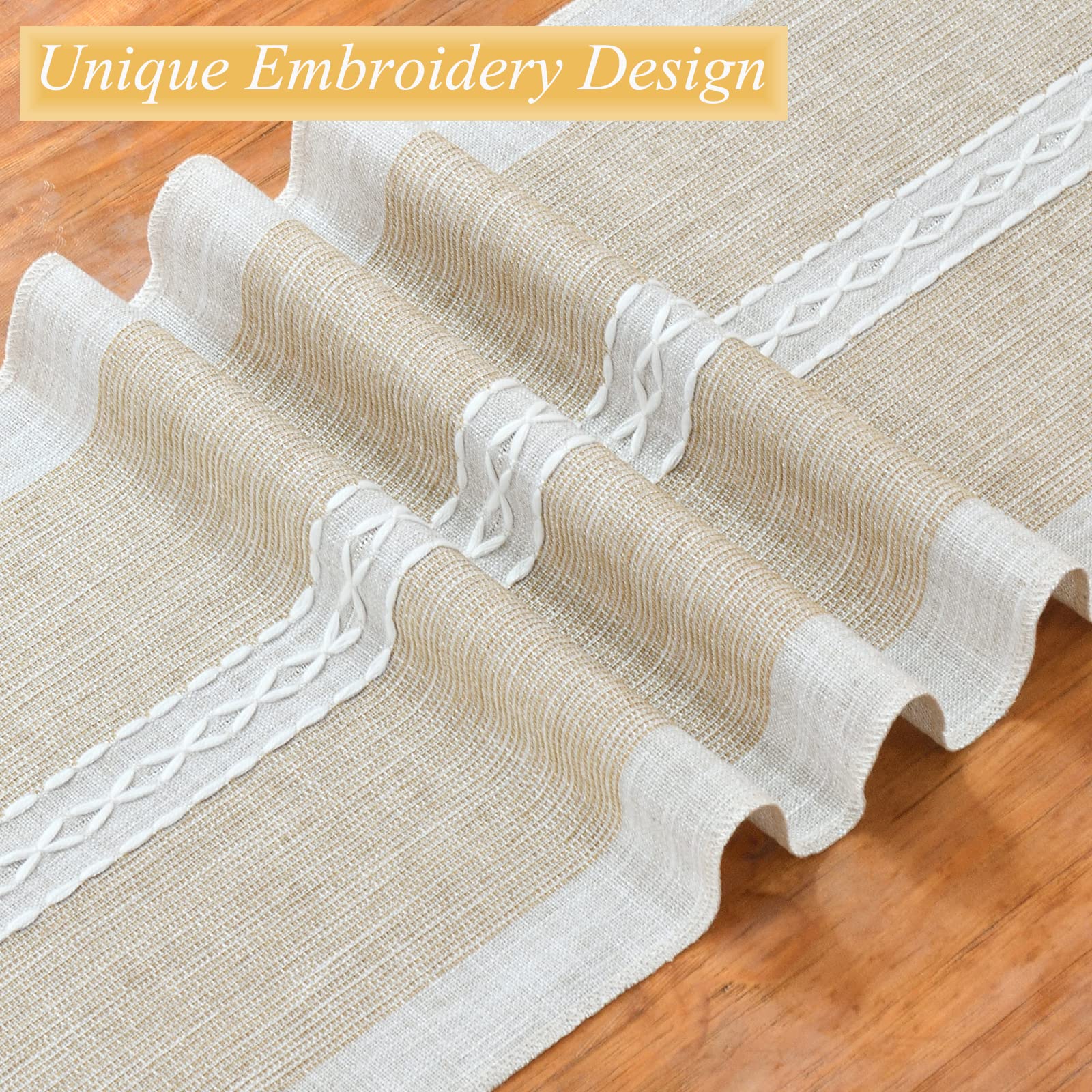 Wracra Embroidery Cotton Linen Table Runner Indoor Outdoor Farmhouse Style Coffee Table Runner 90cm with Hand-tassels for Party Dining Kitchen Decorations(Coffee - Image 2