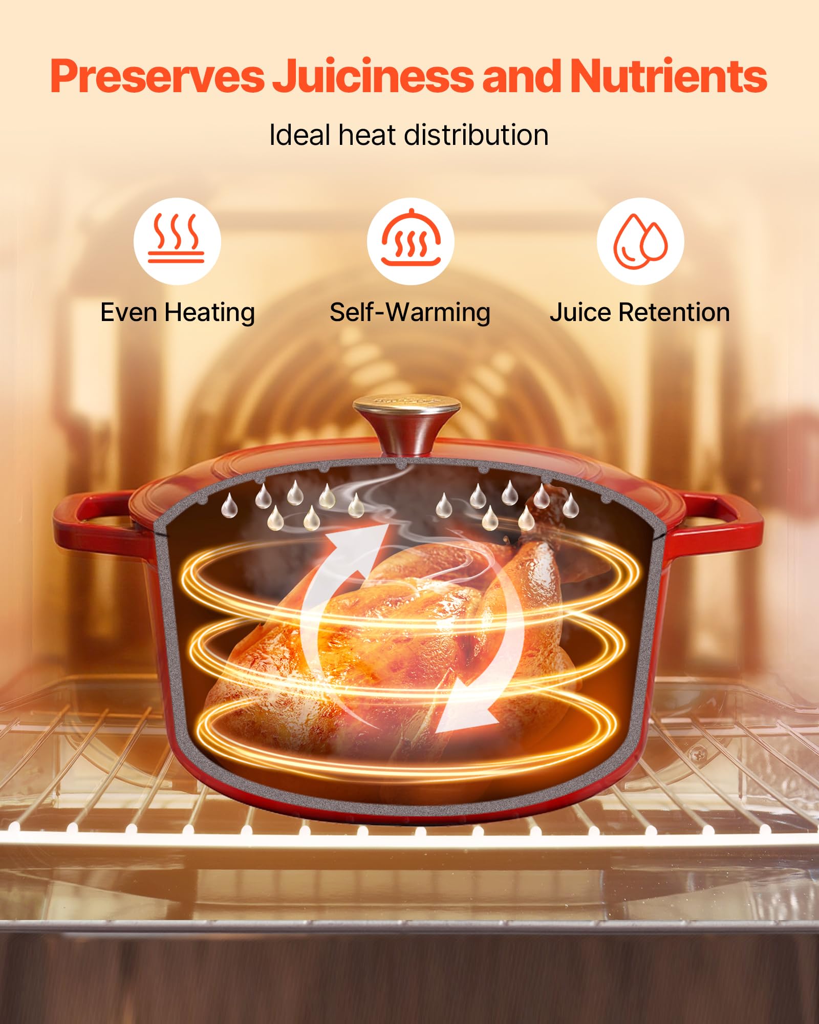 VEVOR Holenderski piec z żeliwa emaliowanego 5,68 l, do pieczenia chleba na zakwasie, z pokrywką i 2 uchwytami, do 260°C, garnek do gotowania i smażenia, 4-6 osób, 350 x 270 x 190 mm, czerwony