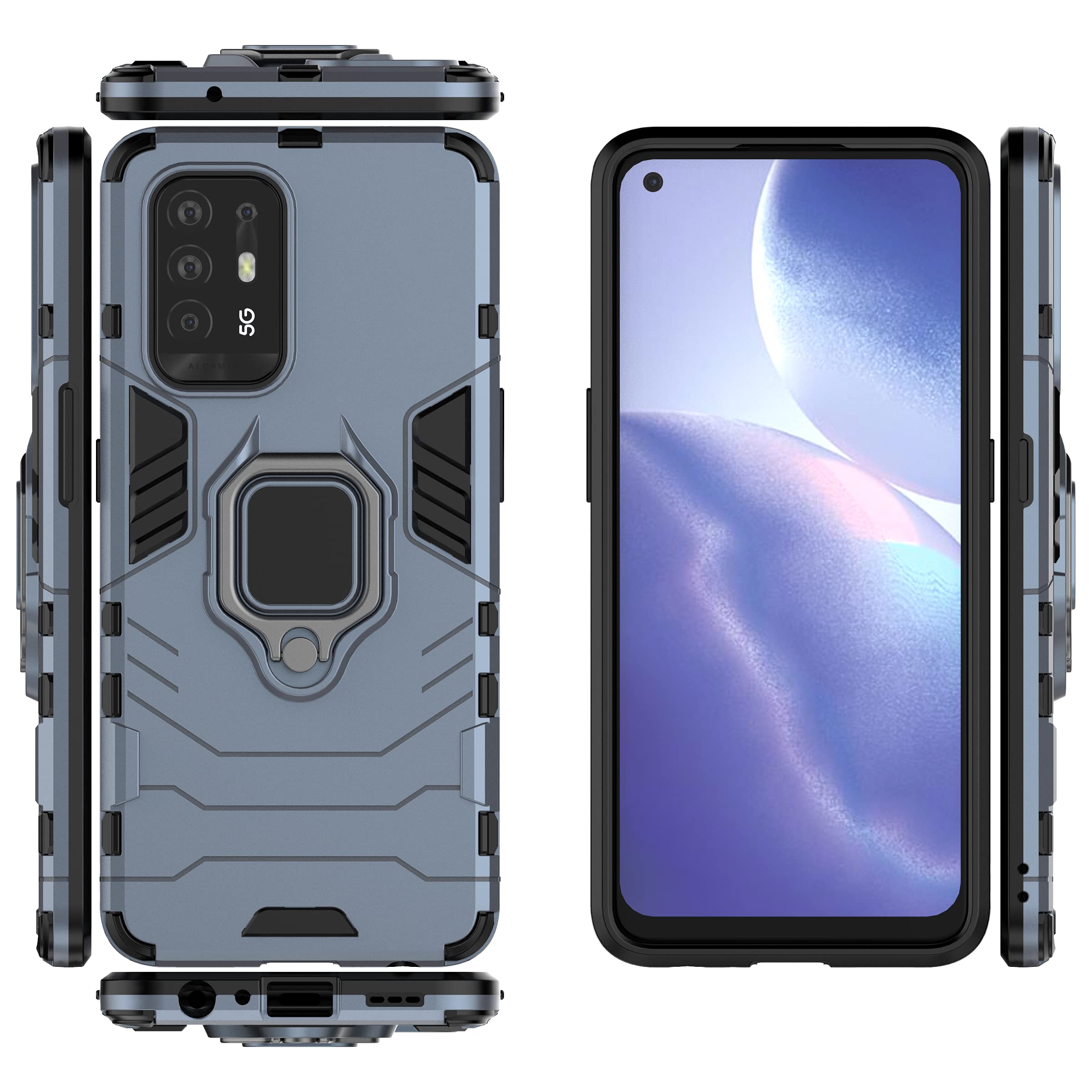FTRONGRT Funda Para OPPO A94 5G,Soporte Plegable, A Prueba De Choques, Carcasa A Prueba De Golpes TPU+PC Case Para OPPO A94 5G -Azul Oscuro