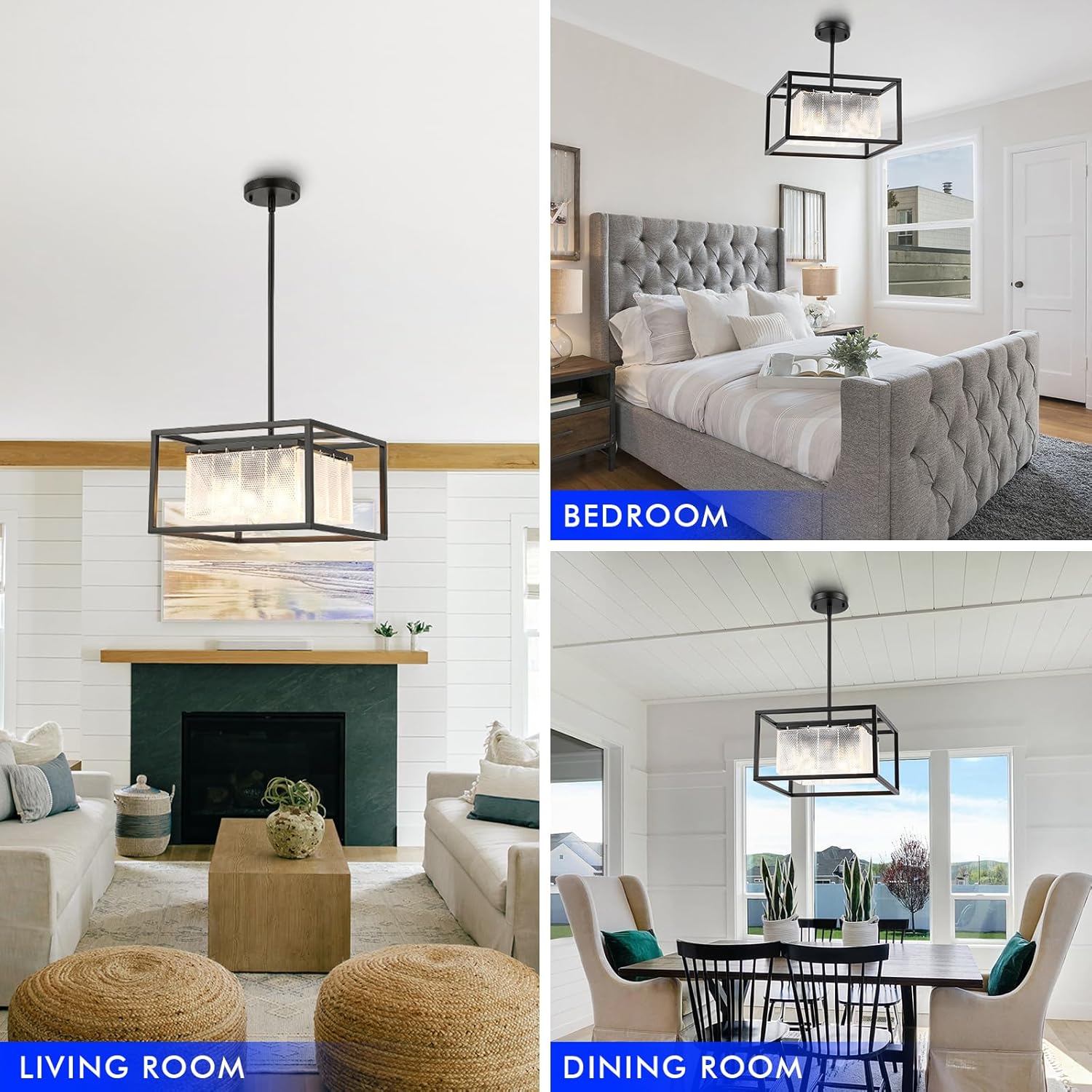 Black Square Kitchen Island Chandelier, Modern Linear Chandeliers, Adjustable Height Chandelier for Dining Room, Entryway, Kitchen, Elegant Snow Pattern Light Fixture(4 Lights)