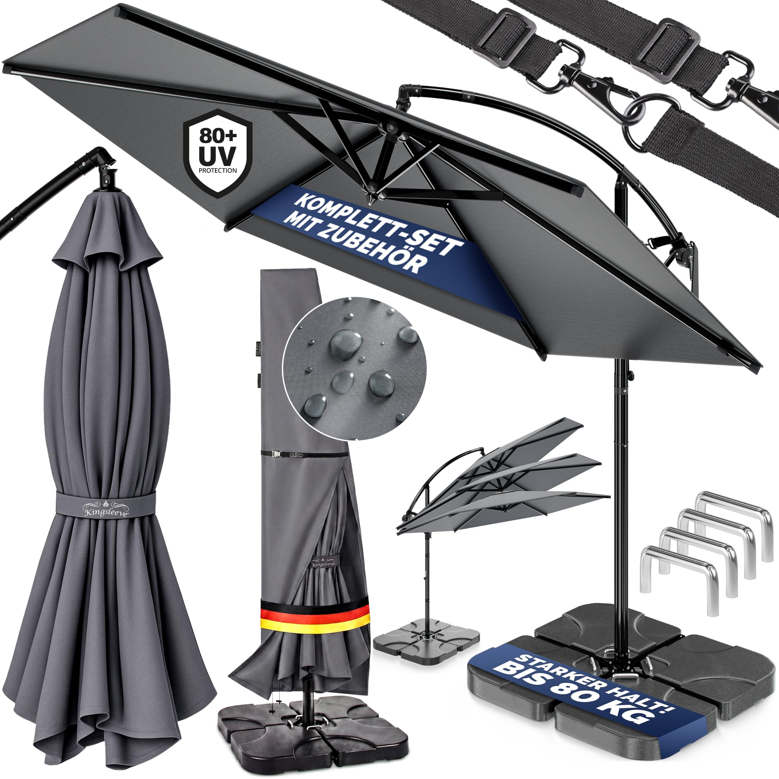 Casaria® Ampelschirm 300/350 cm Komplettset inkl. 4 Gewichte & Schutzhülle - Garten Sonnenschirm UV 80+ neigbar schwenkbar mit Kurbel rund