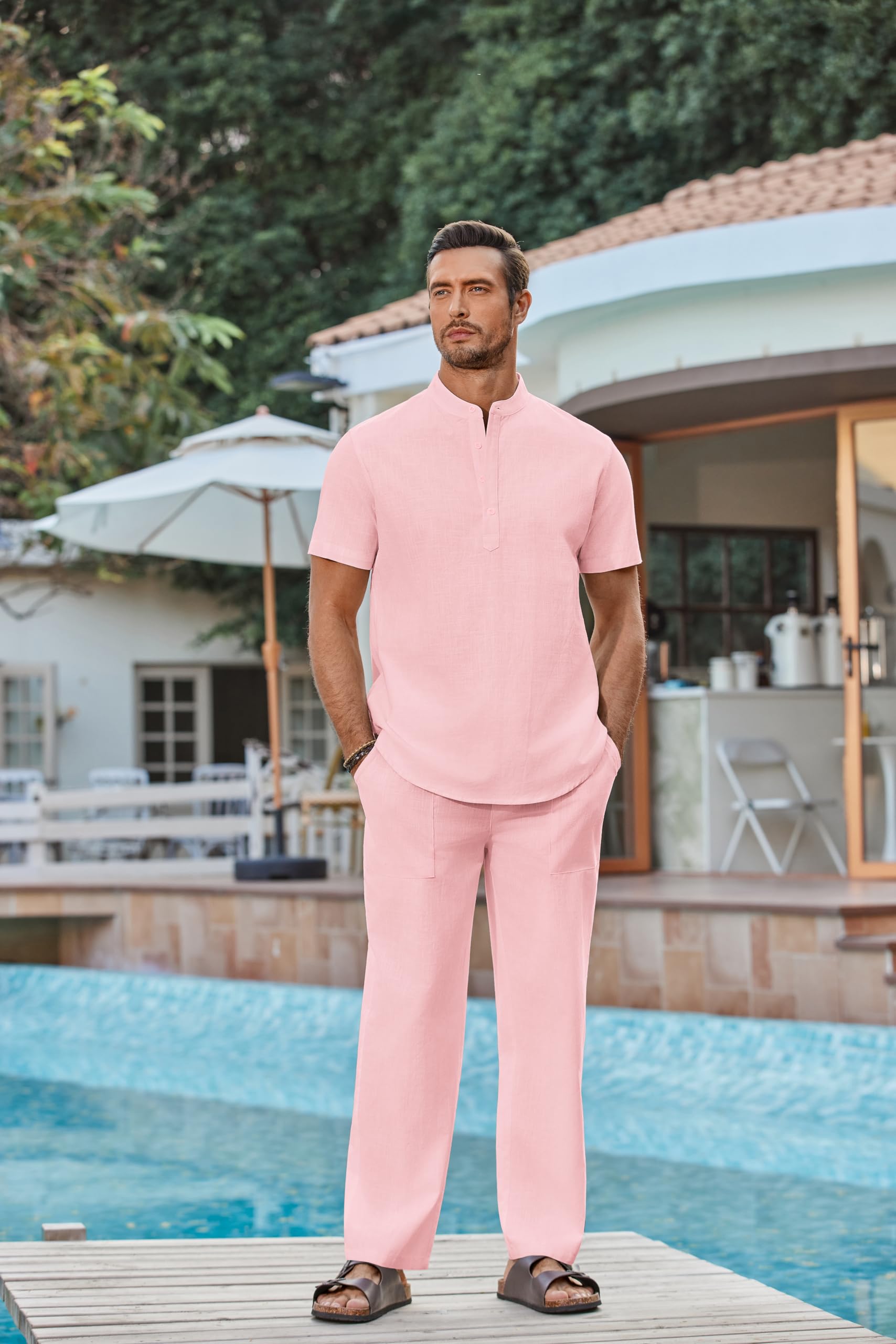COOFANDY Set da uomo in cotone 2 pezzi casual a maniche corte Henley camicie e pantaloni da spiaggia con tasche abiti estivi vacanze