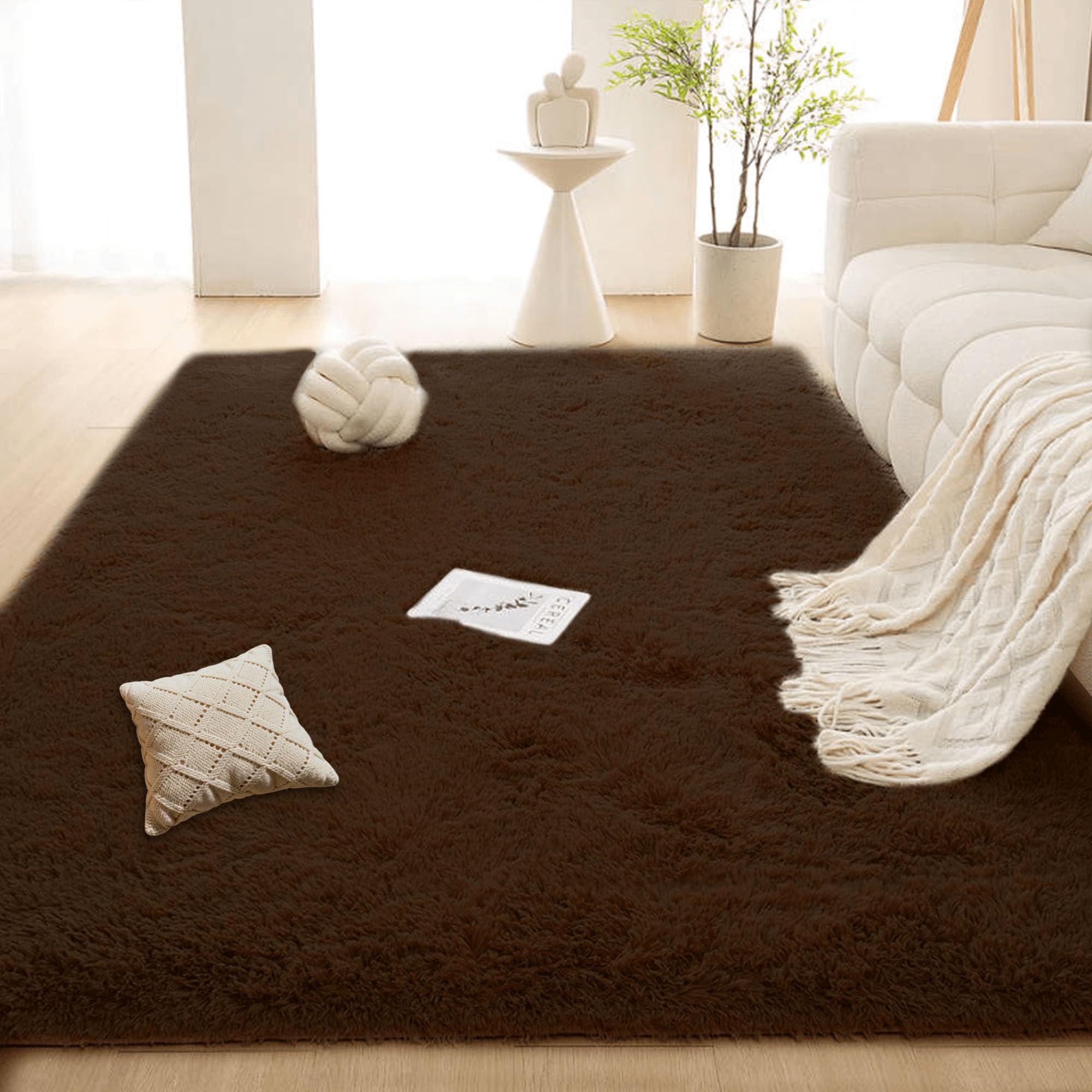 Tapis de salon moderne brun 220x240 cm ultra doux à poils longs