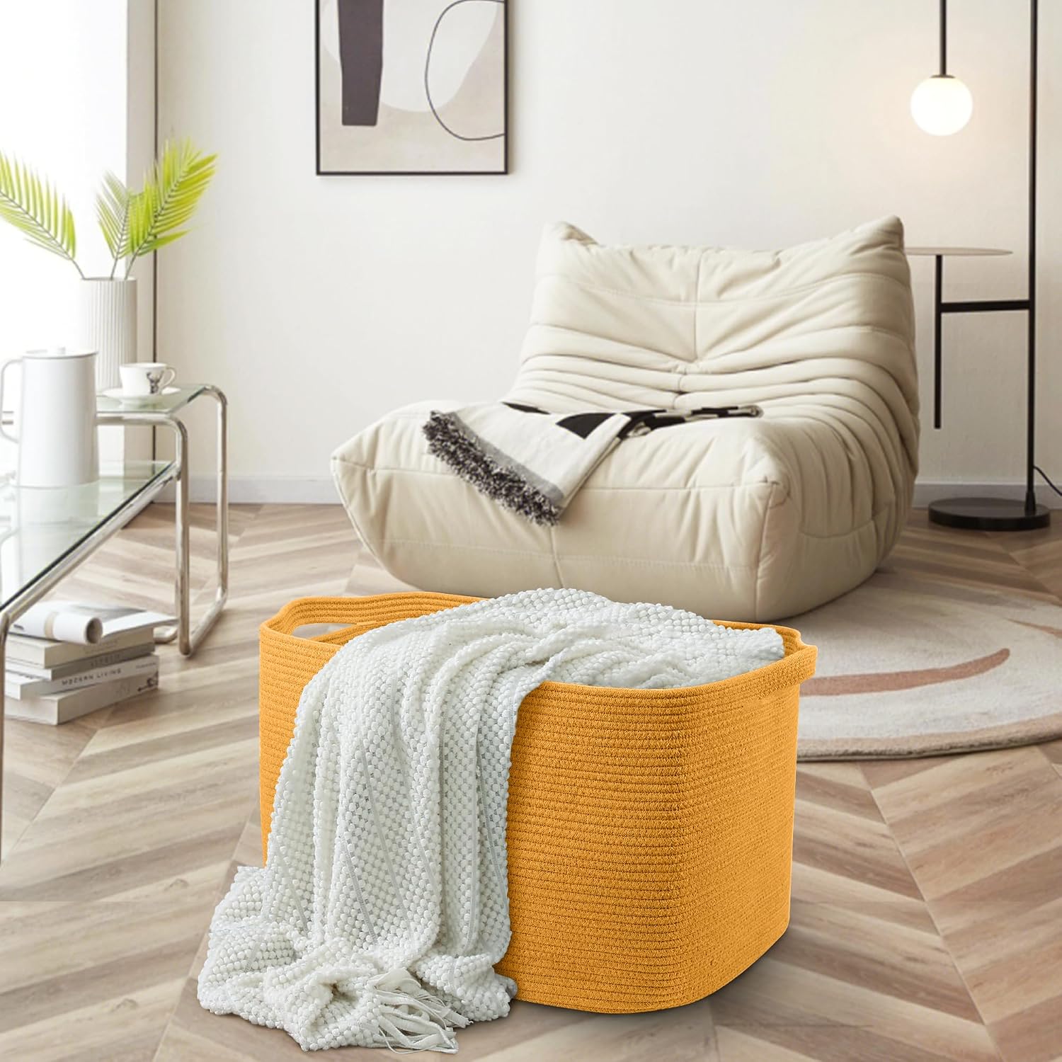 MEGASKET Extra Large Orange Storage Basket, 23.6" x 17" x 12" Rectangle Baskets for Organizing, Blanket Toy Bin Organizer, Colorful Woven Cotton Rope Baskets for Decor