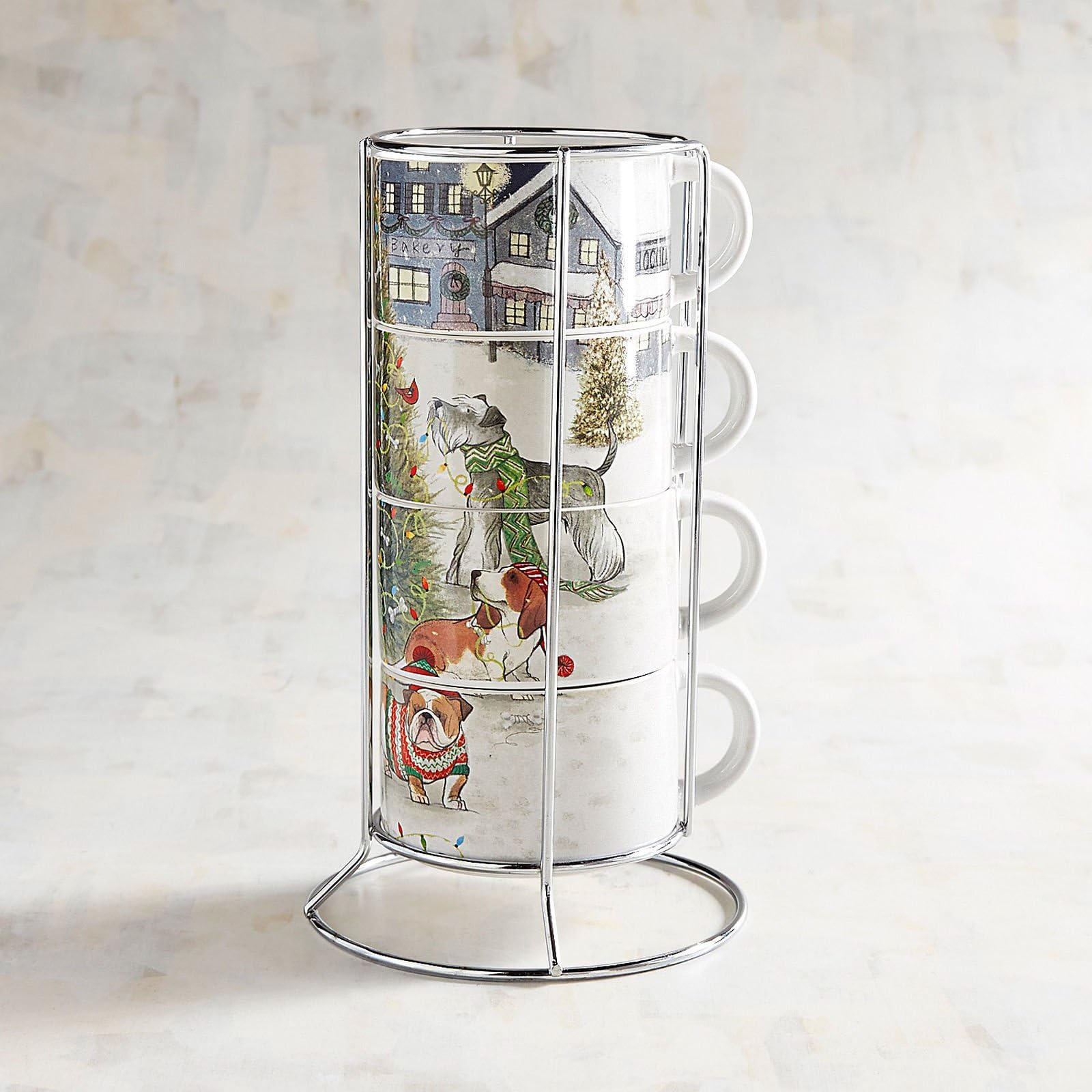 NEW 4pc STACKING PARK AVENUE HOLIDAY PUPPIES DOGS HOT BEVERAGE CUPS MUGS & WIRE RACK DECORATIVE